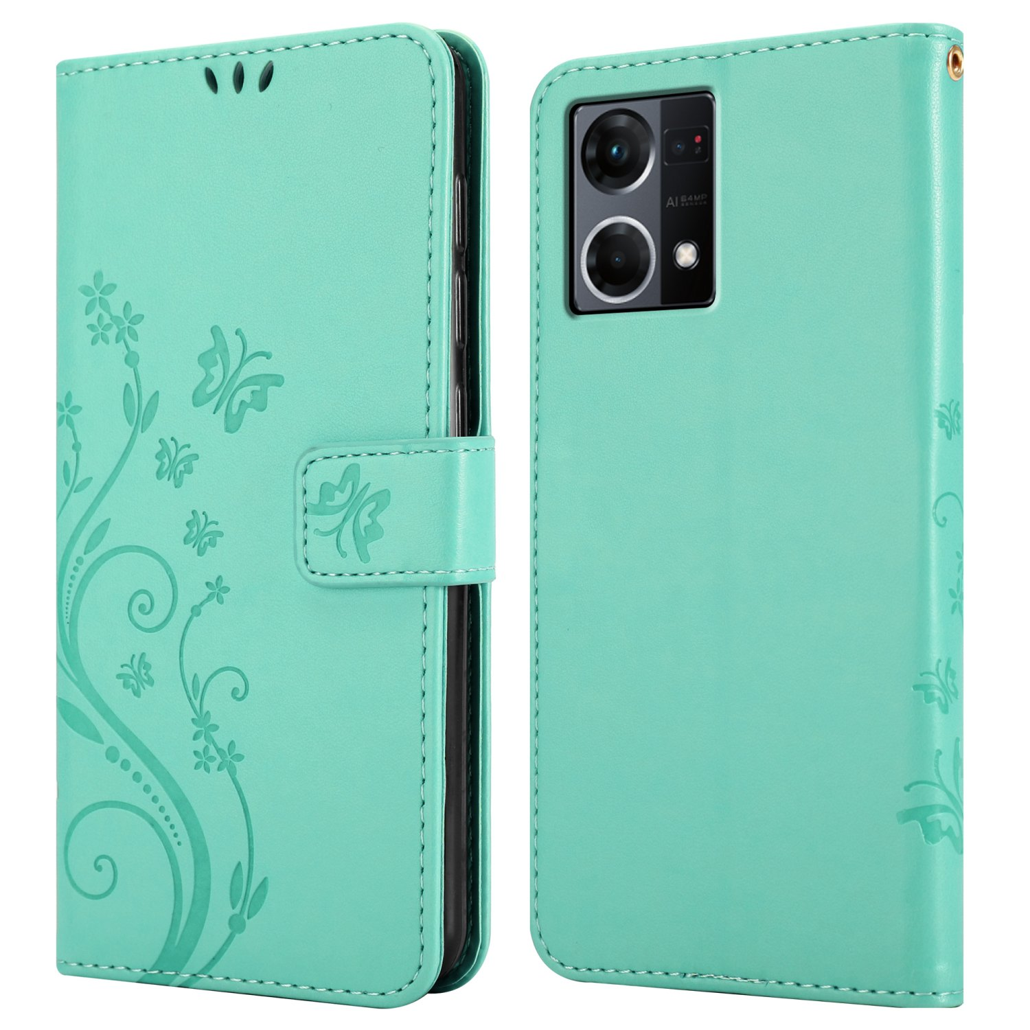 Custodia per telefono color menta, vista anteriore e posteriore. Motivo a farfalla. Testo: Design floreale.