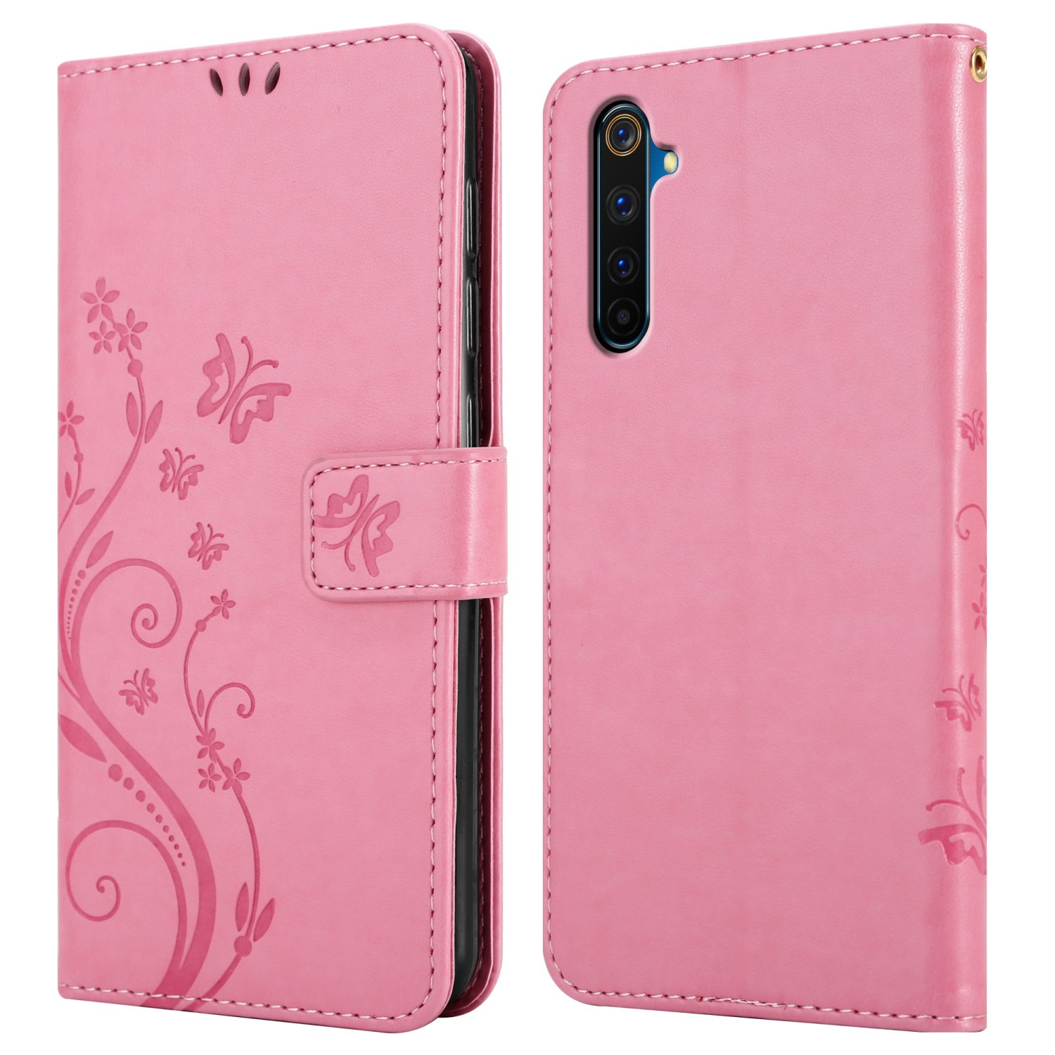 Due lati di una custodia per telefono rosa. La custodia presenta motivi floreali e a farfalla.