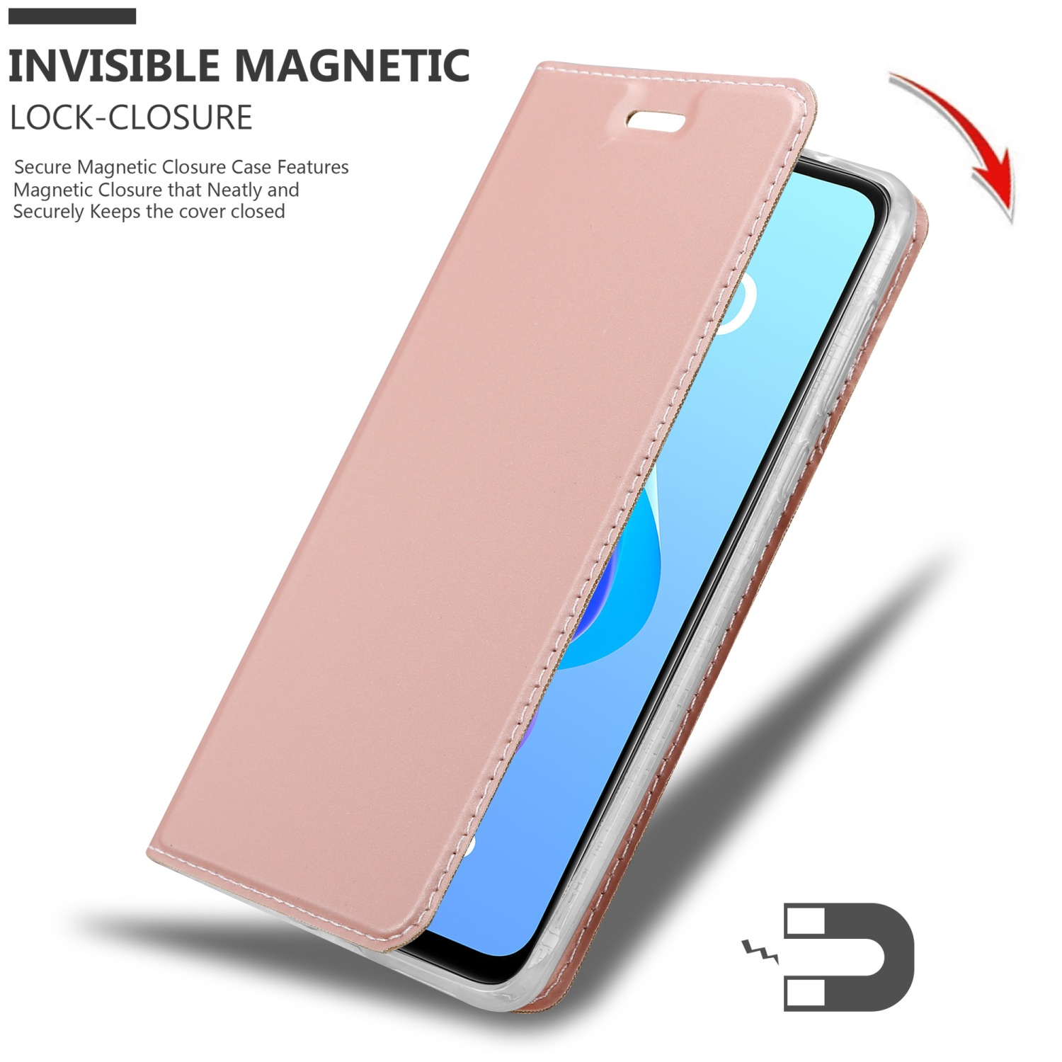 Custodia rosa per telefono aperta, che mostra un telefono. Testo: Chiusura magnetica invisibile.