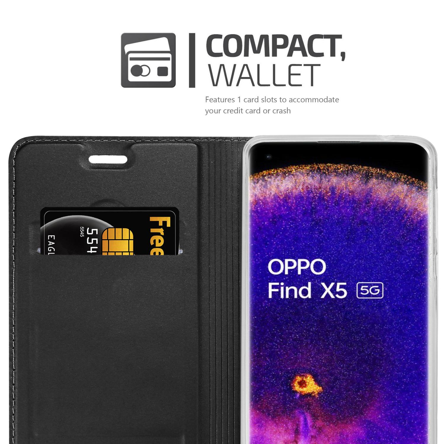 Funda de billetera negra con ranura para tarjetas y teléfono. El texto dice "Compact, Wallet". Teléfono negro con tarjeta dorada.