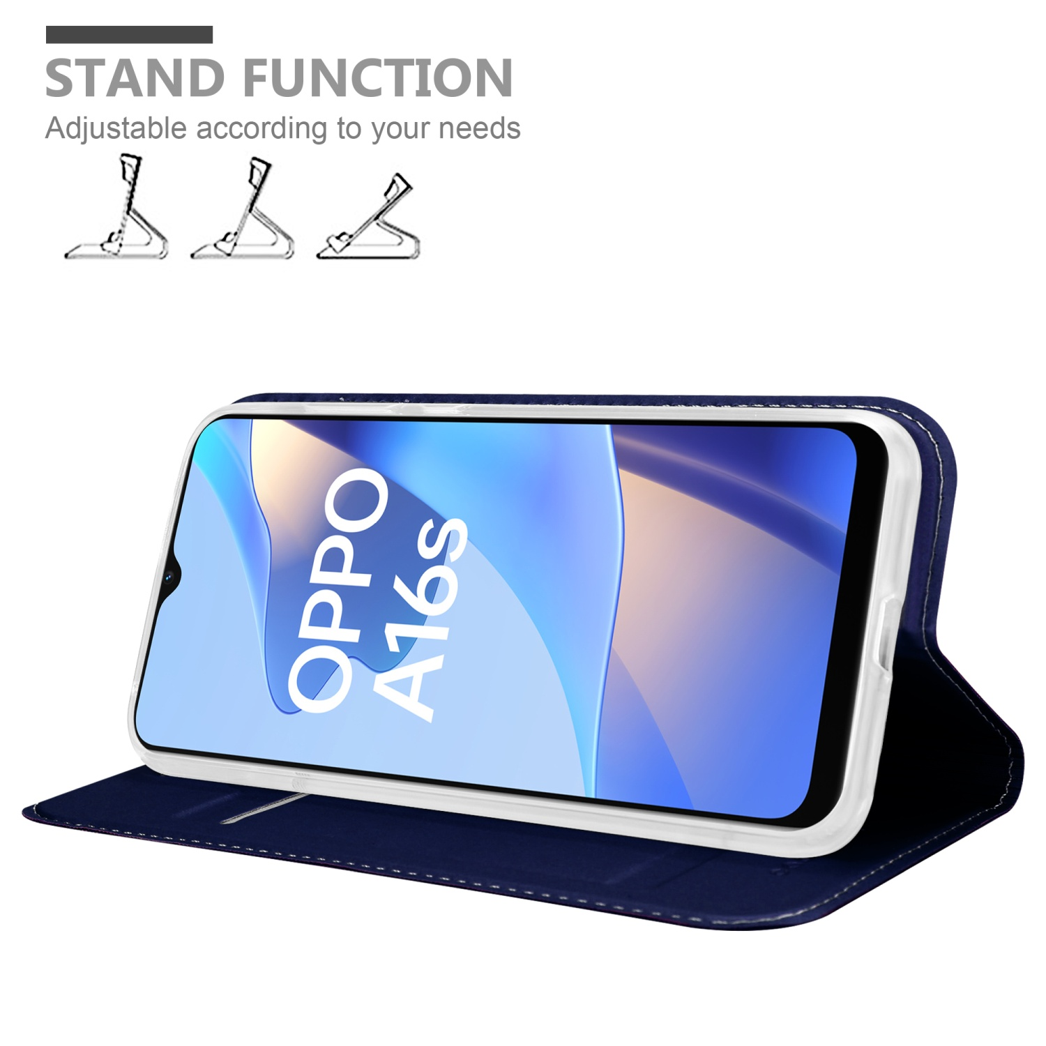 Custodia blu per telefono e telefono all'interno, in modalità stand. Il telefono visualizza Oppo A16s.