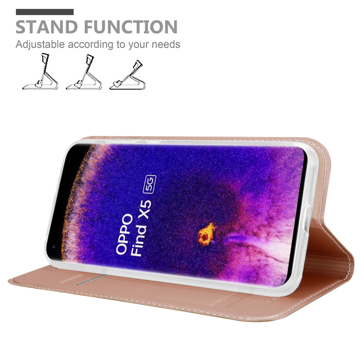 Custodia rosa per telefono con telefono all'interno. Il telefono è un Oppo Find X5 rosa.