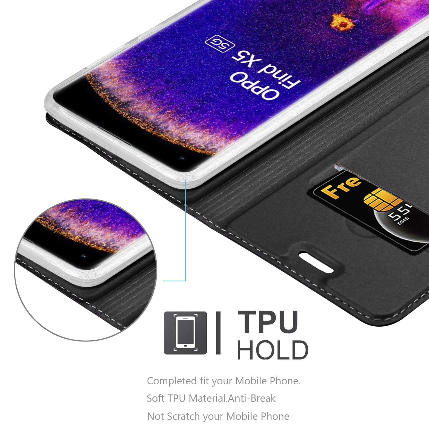 Funda tipo cartera negra con teléfono, tarjeta de crédito. Fondo blanco. Texto: TPU Hold.