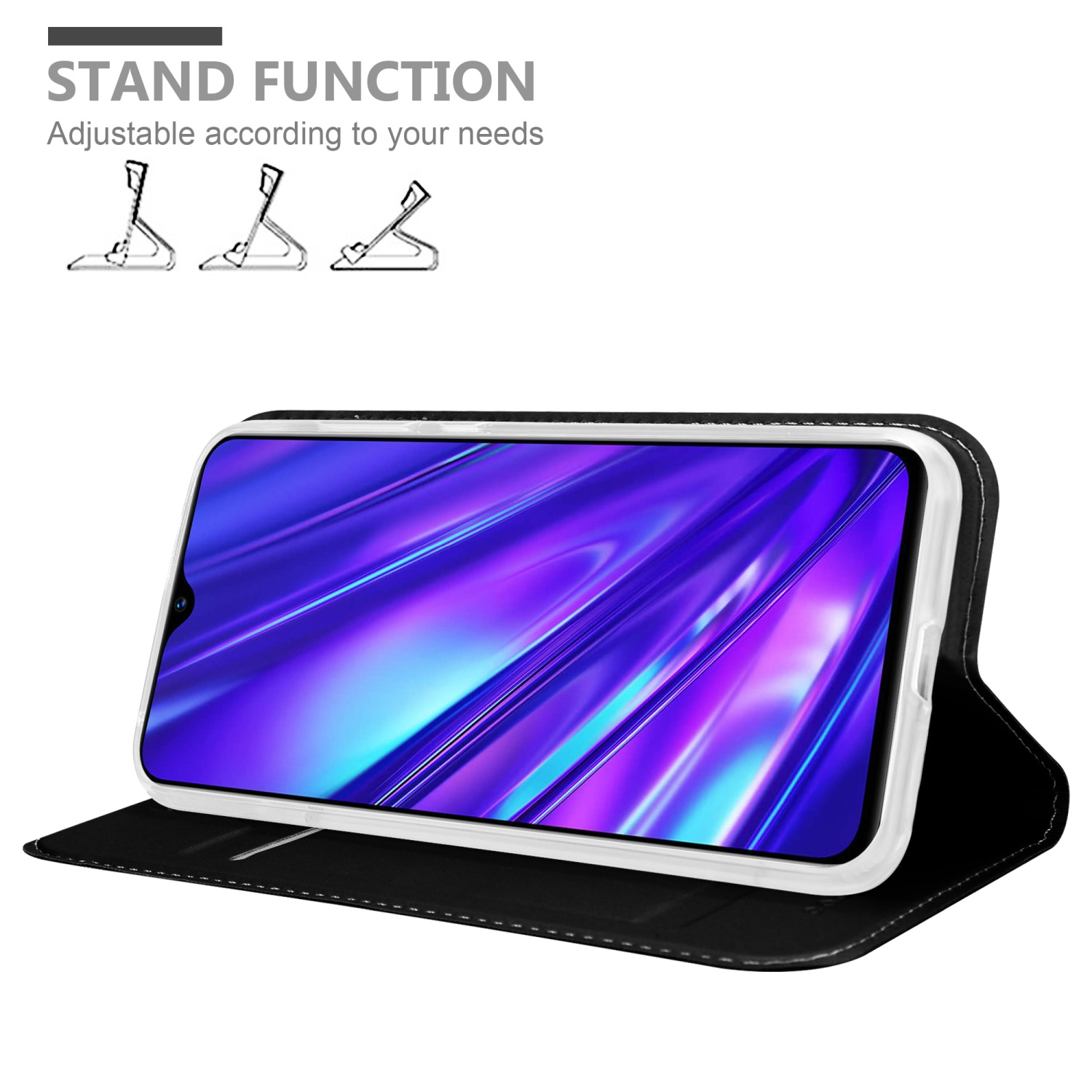 Telefono in una custodia nera con funzione stand. Vengono visualizzati tre diagrammi di stand. Sfondo bianco.