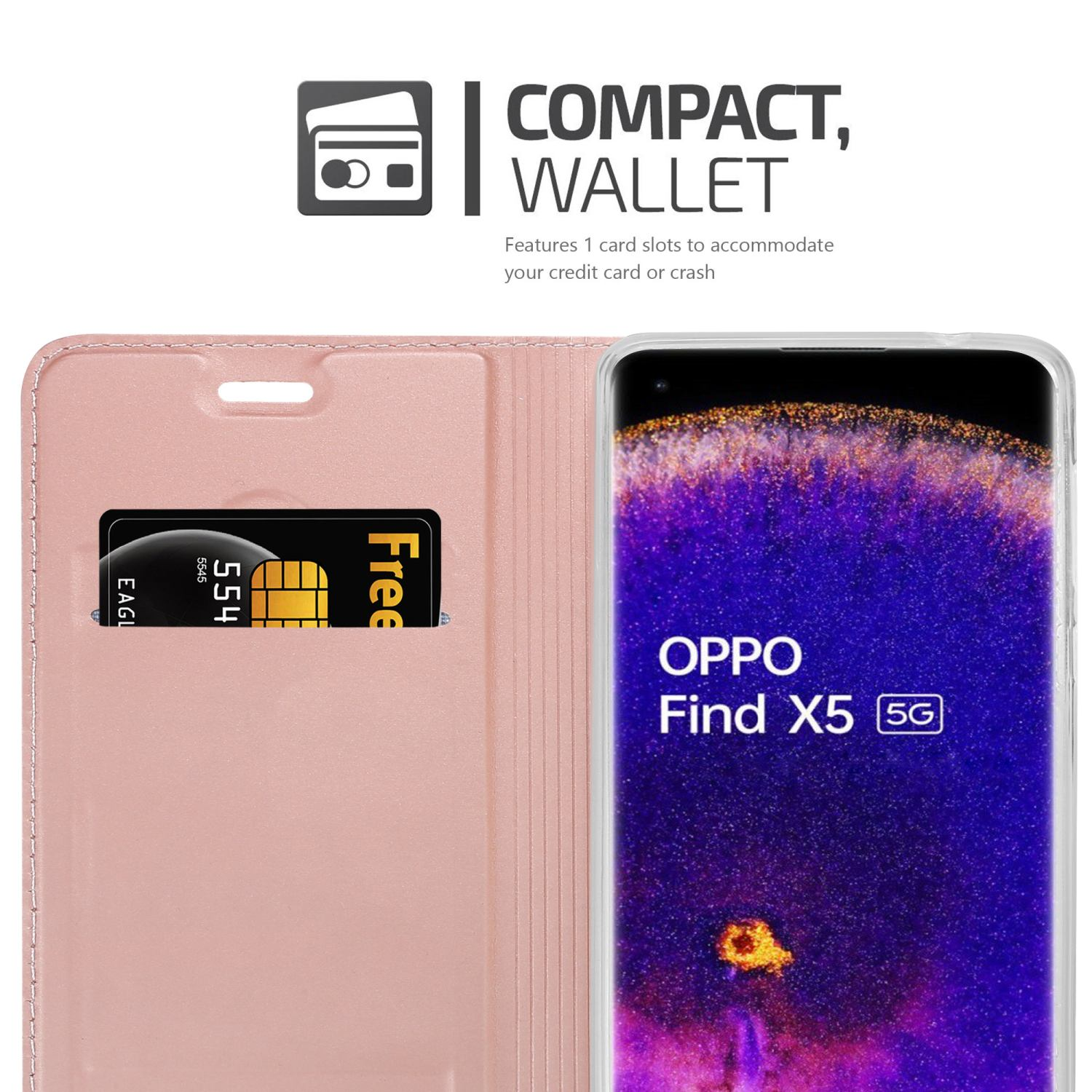 Una custodia per telefono rosa con uno slot per telefono e schede. Il telefono dice OPPO Find X5 5G.