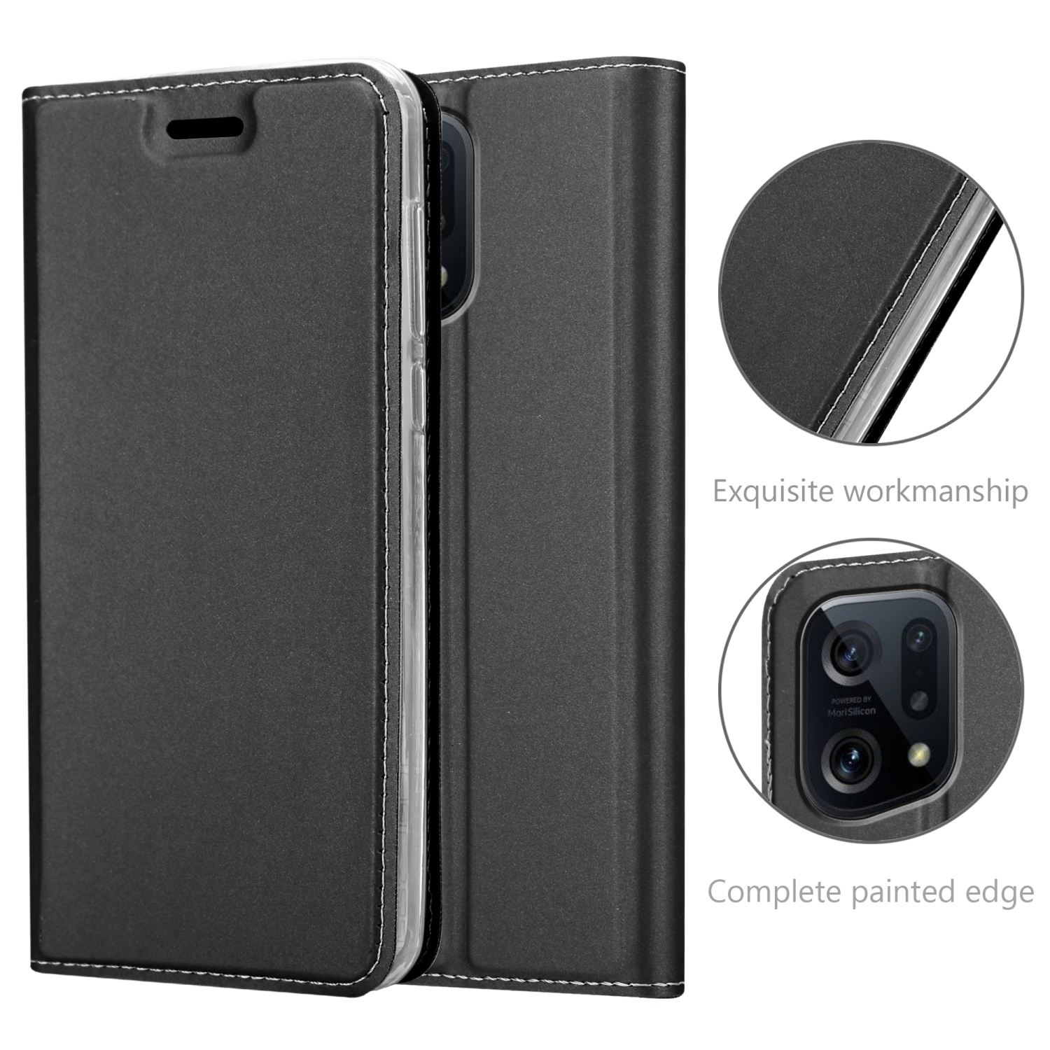 Funda de teléfono negra con costuras blancas, abierta y cerrada. El teléfono tiene varias cámaras y un flash.