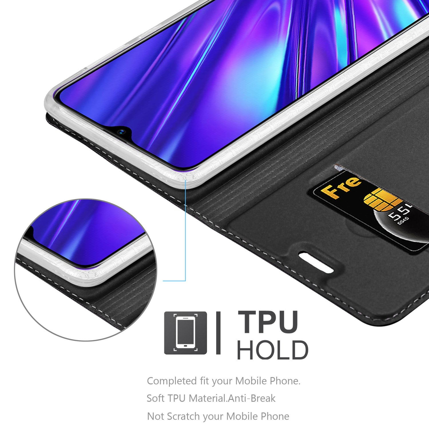 Un telefono in una custodia nera con una SIM, dettaglio del supporto in TPU.