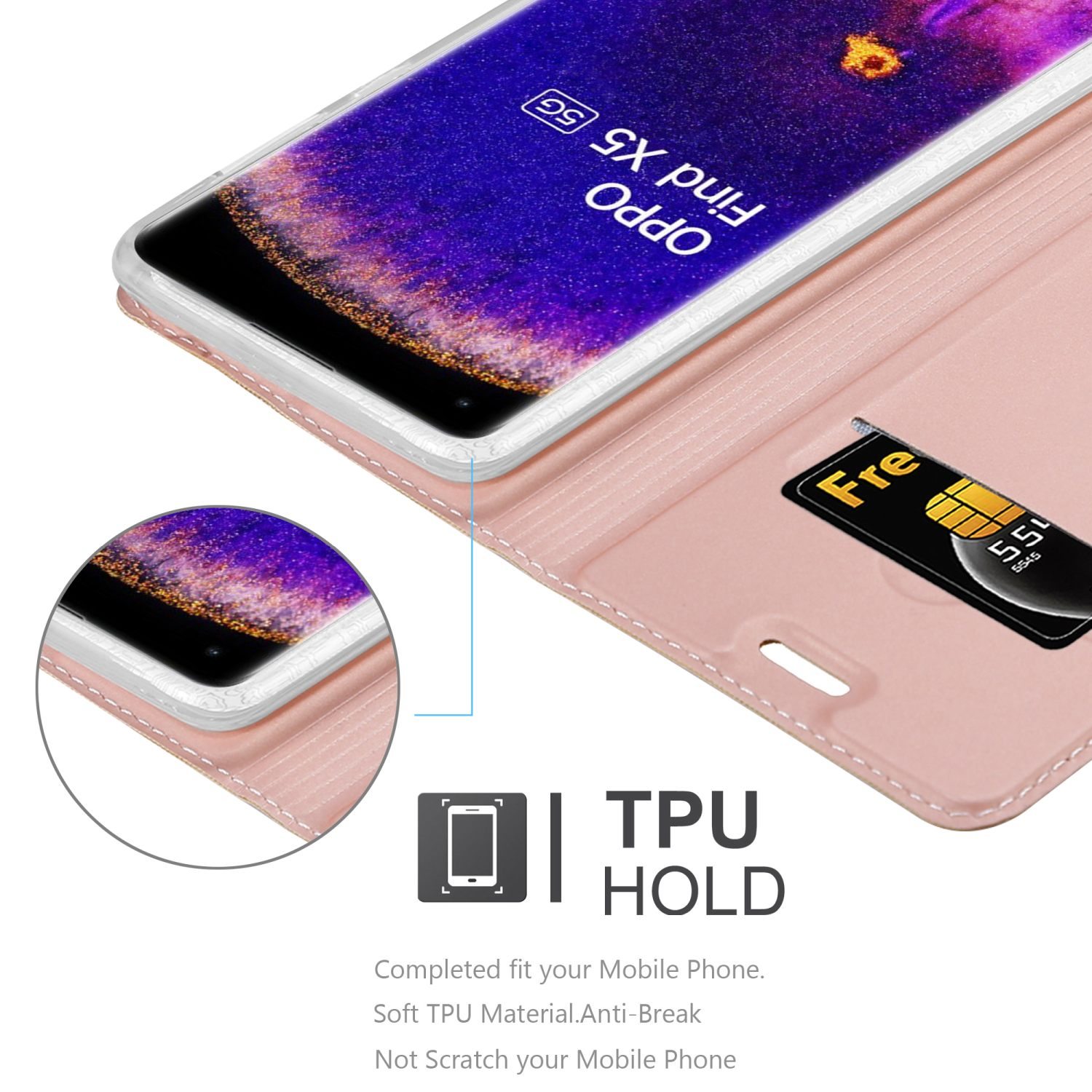 Una custodia per telefono rosa è aperta, con un telefono all'interno e una carta nella fessura. Il testo "TPU HOLD" è visibile.