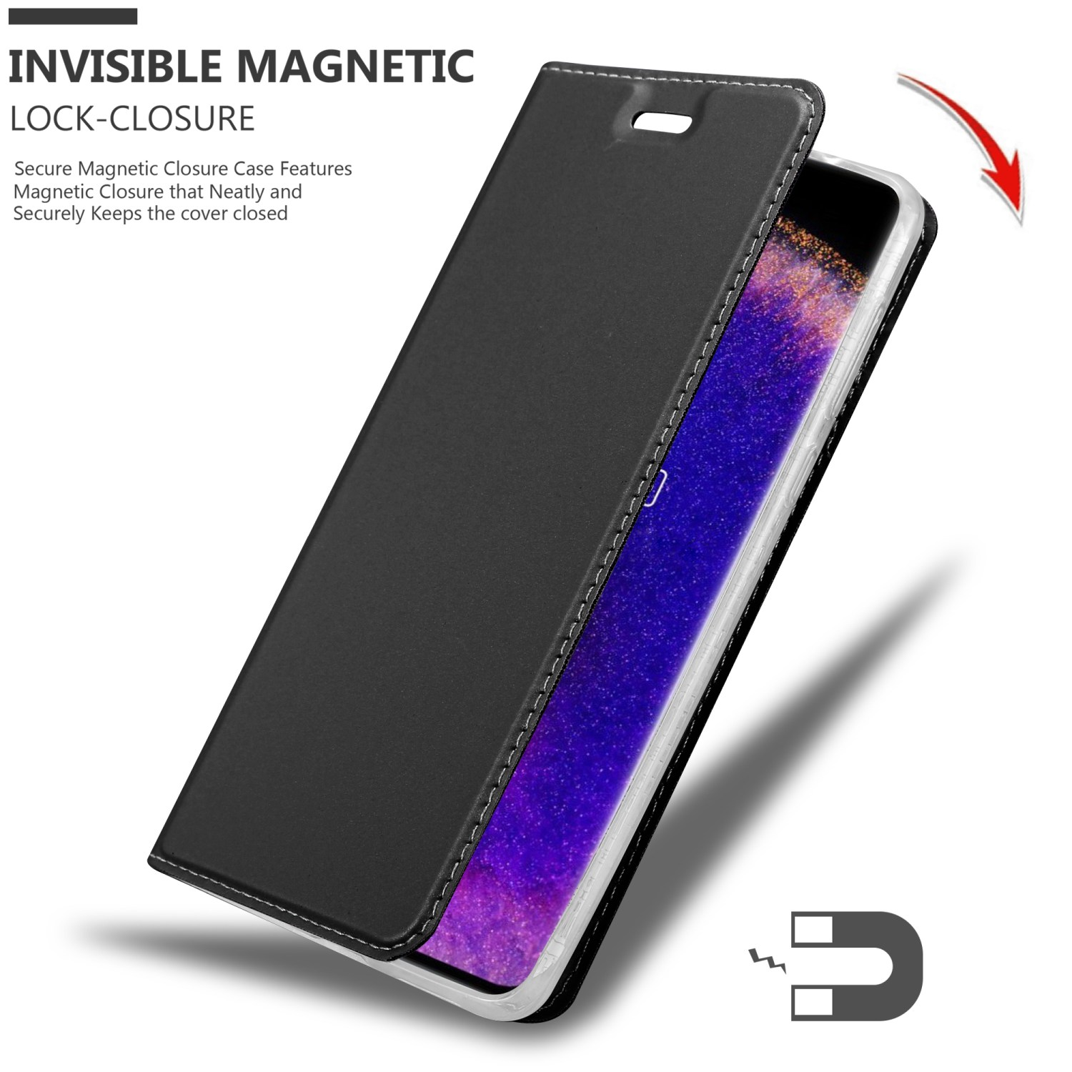 Funda negra para teléfono con un teléfono dentro. Cierre magnético. Texto: Cierre de bloqueo magnético invisible.