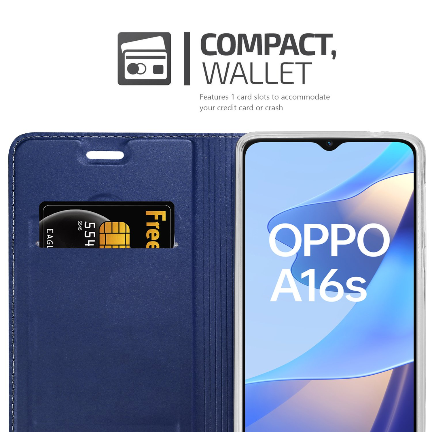 Custodia blu per telefono con carta di credito. Il telefono Oppo è nella custodia. Testo: Portafoglio compatto.