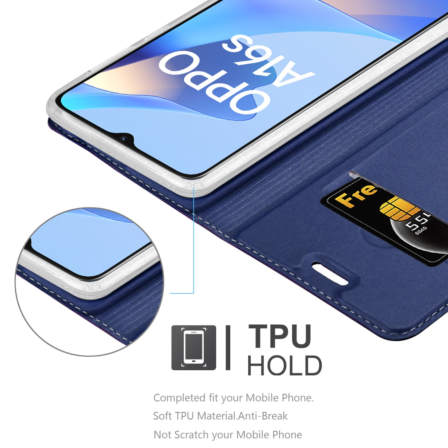 Custodia per telefono blu, con telefono dentro e una scheda SIM.