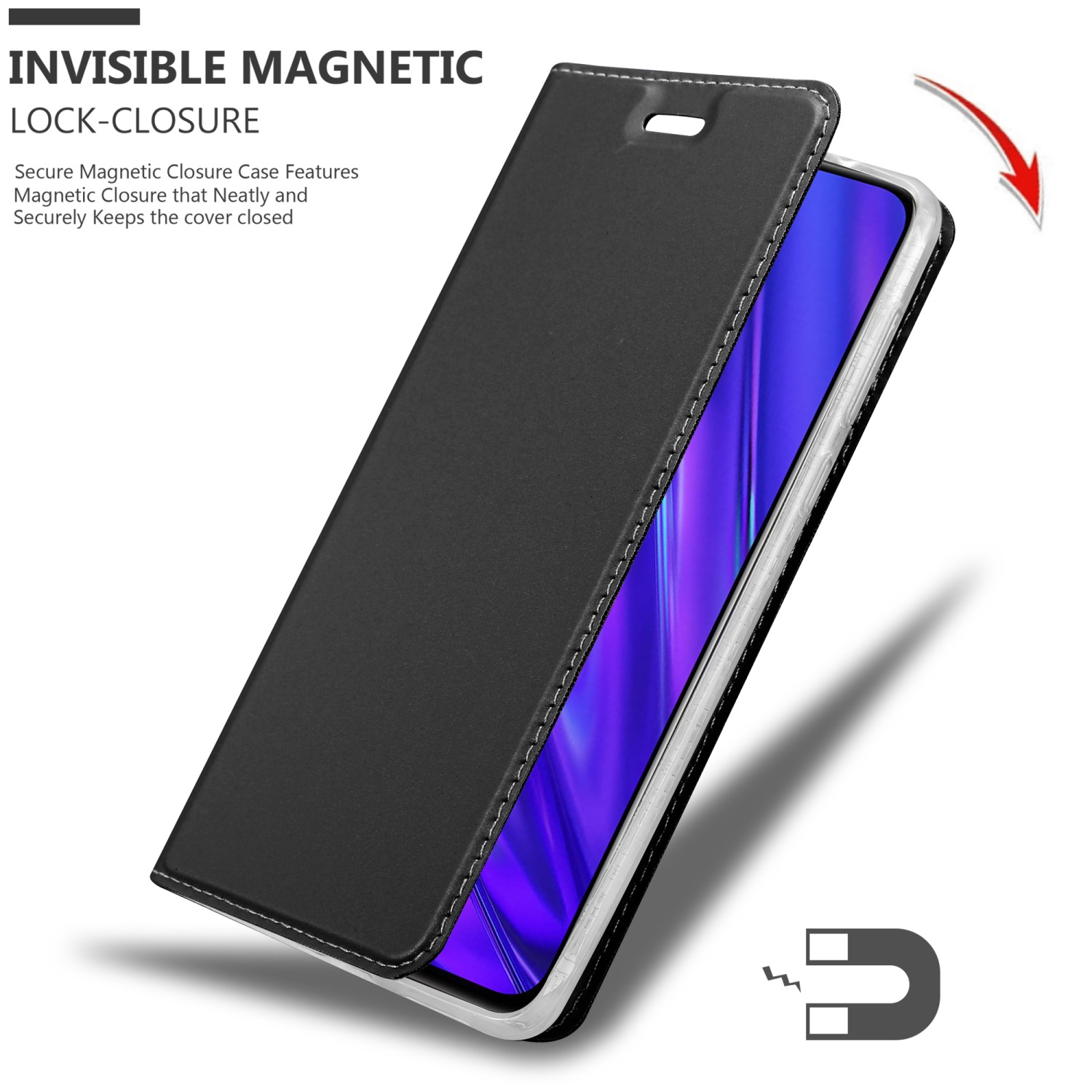 Custodia per telefono nera con coperchio aperto che rivela un telefono. La chiusura magnetica è evidenziata da una freccia.