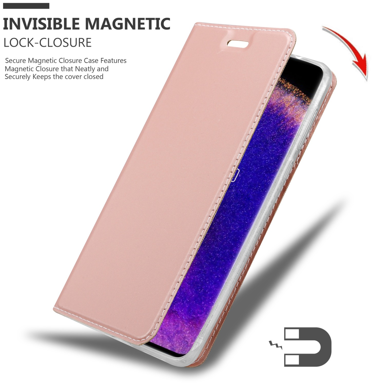 Una custodia per telefono rosa, aperta, che rivela un telefono. È dotata di chiusura a scatto magnetico invisibile.
