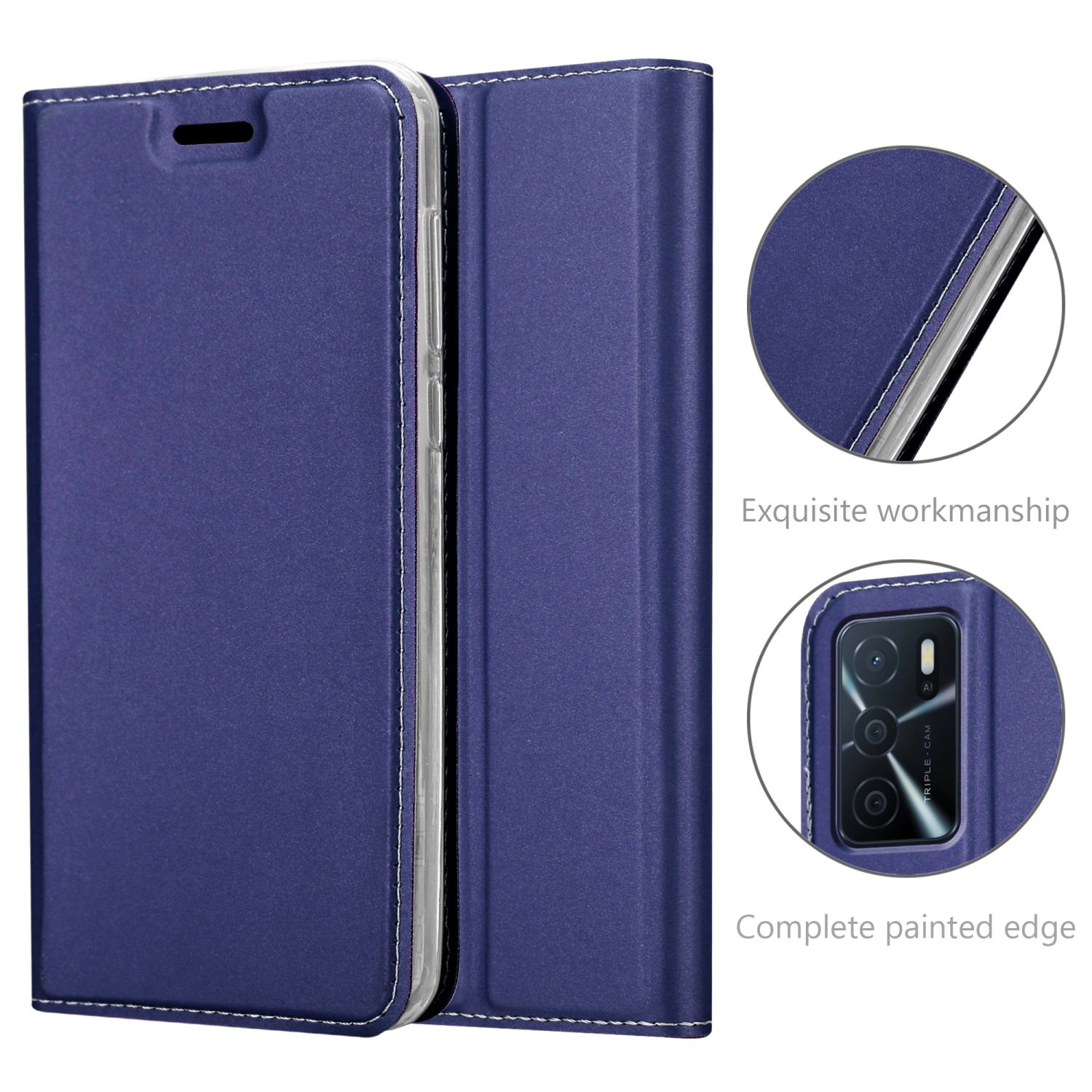 Custodia per telefono blu navy, chiusa. I dettagli mostrano una lavorazione squisita e un bordo completamente verniciato.