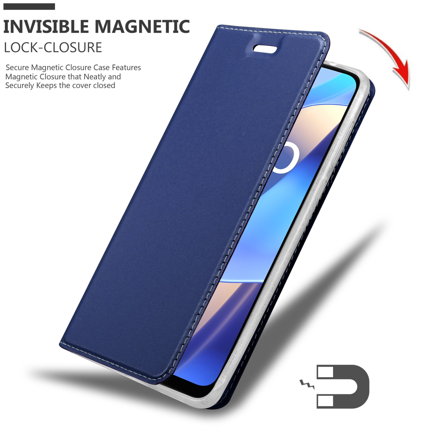 Custodia blu per telefono, aperta per mostrare il telefono. Testo: Chiusura magnetica invisibile.