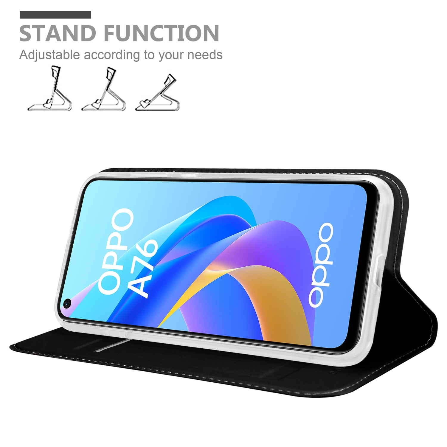Custodia per telefono con funzione supporto. Il telefono mostra OPPO A76 con opzioni.