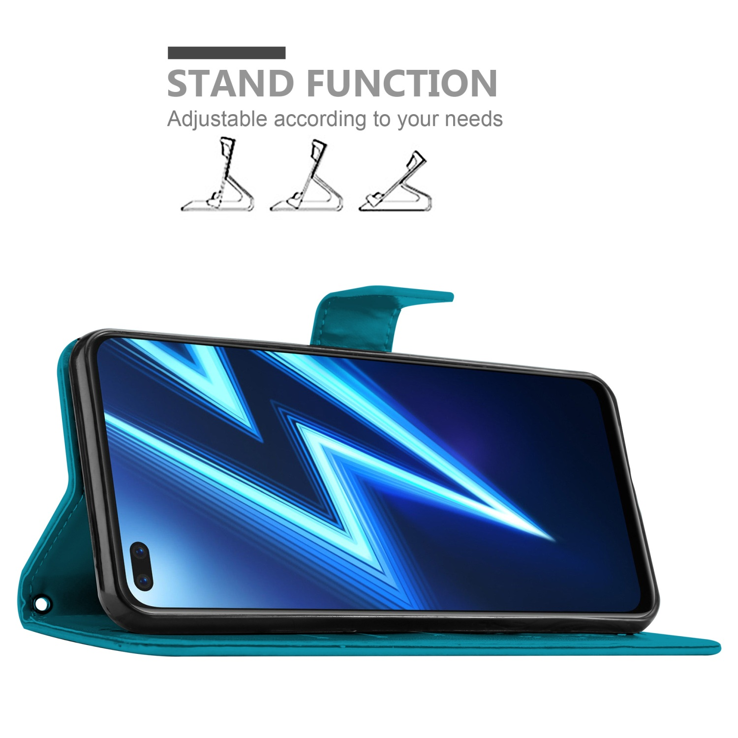 Custodia per telefono con funzione stand aperta. Testo: Funzione stand. Regolabile in base alle tue esigenze.