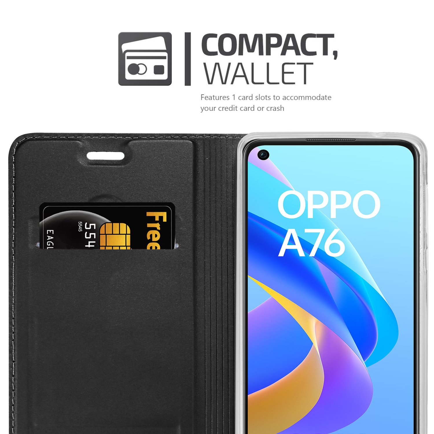 Custodia per telefono nera con fessura per carte, una carta e un telefono. Testo: Portafoglio compatto, Oppo A76.