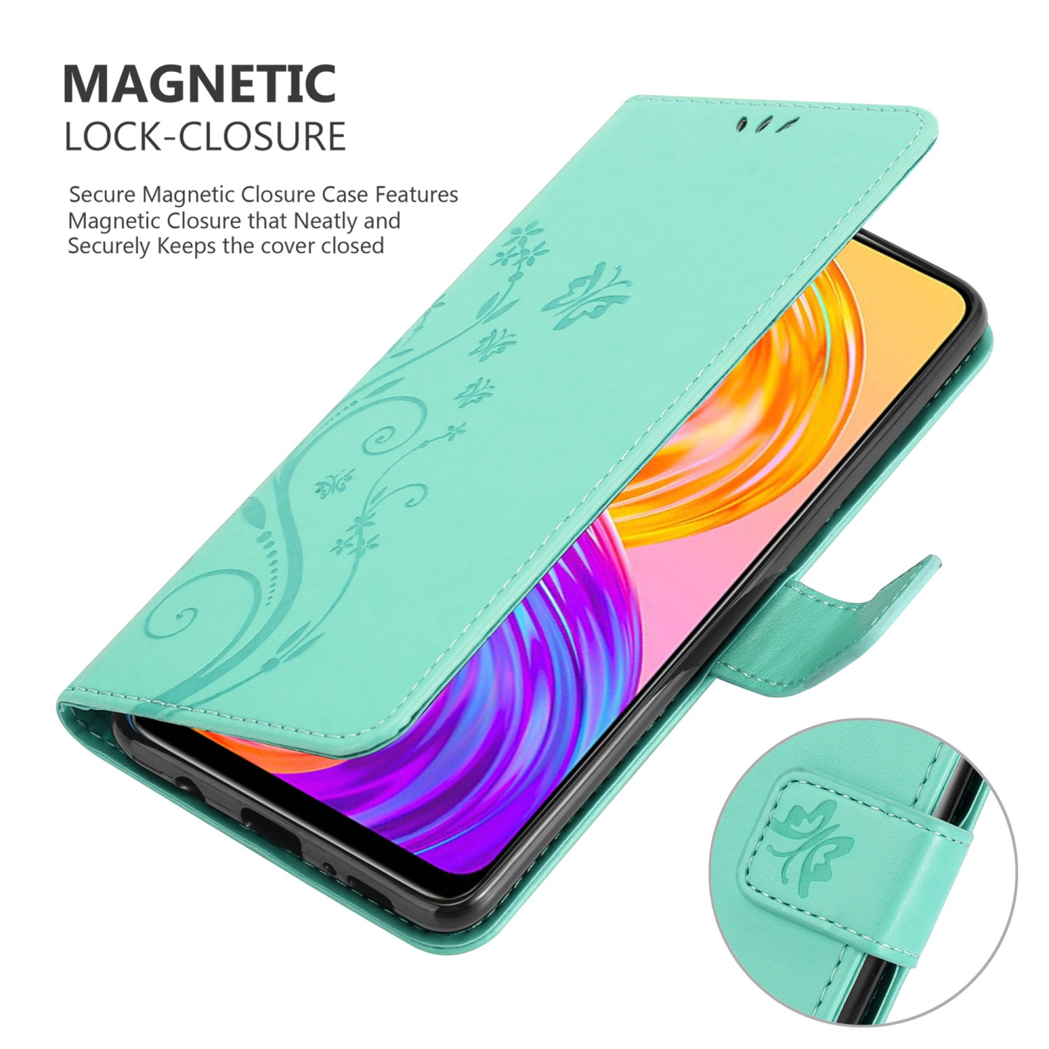 Custodia per telefono turchese che si apre per rivelare il telefono. Chiusura magnetica.