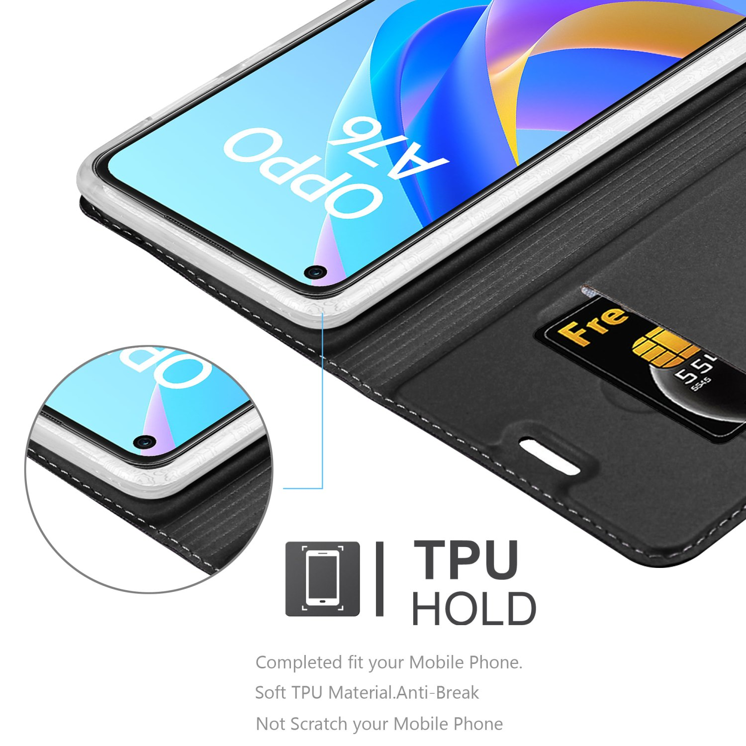 Custodia per telefono con un telefono all'interno. La custodia è nera e ha uno slot per schede. Testo: TPU HOLD.