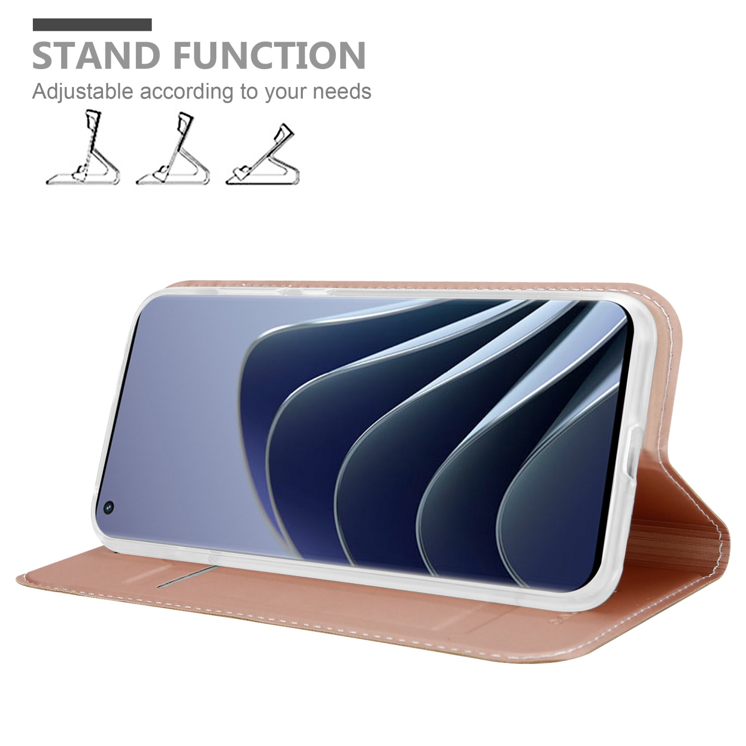 Un telefono in una custodia con supporto. La custodia è aperta e mostra lo schermo del telefono.