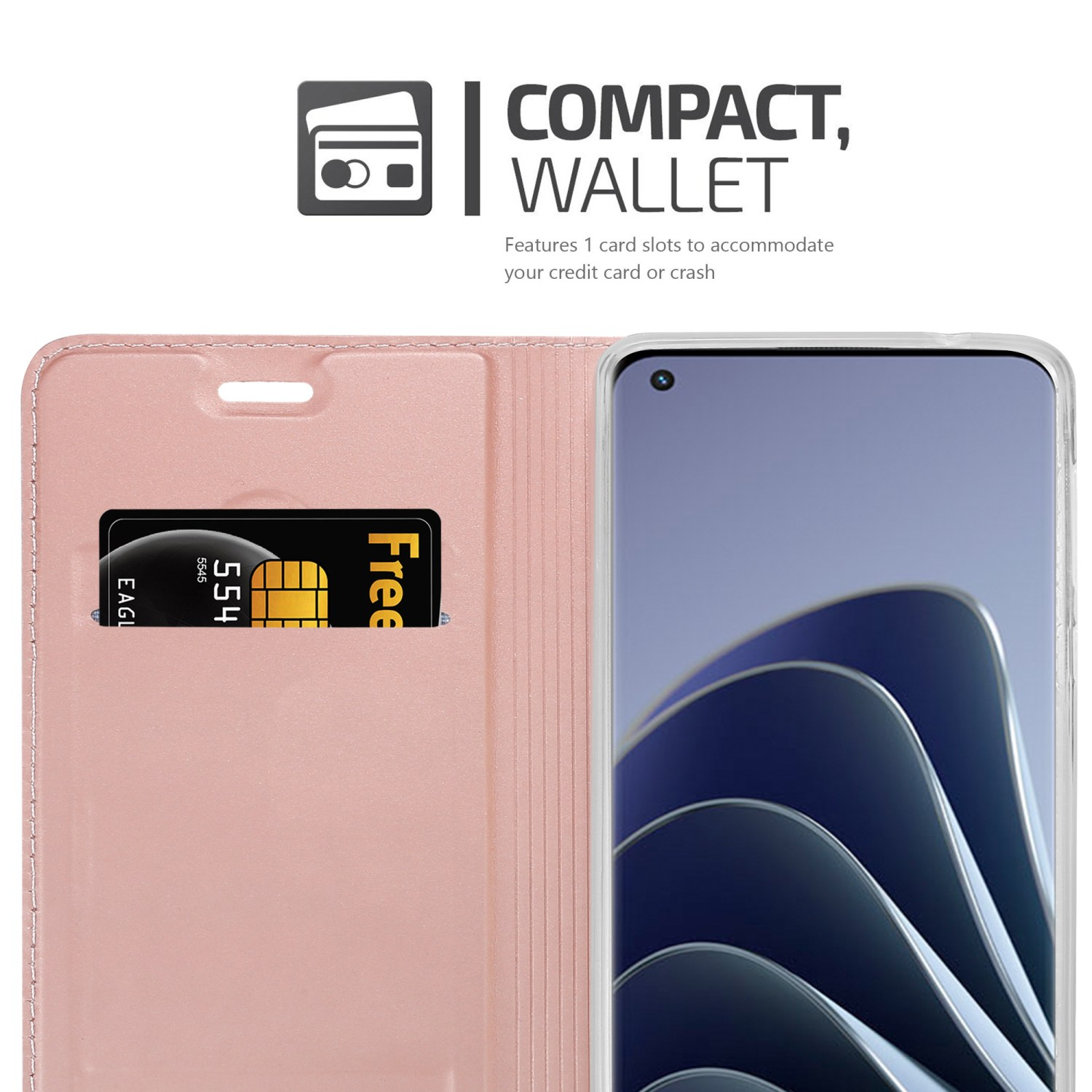Custodia rosa con fessura per carte, una carta dentro e telefono visibile.