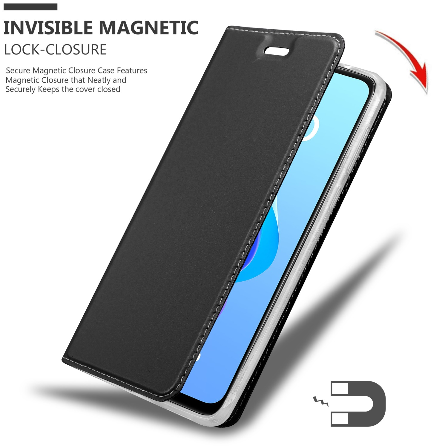 Custodia nera per telefono, aperta per rivelare il telefono, dettaglio magnetico, Chiusura magnetica invisibile.