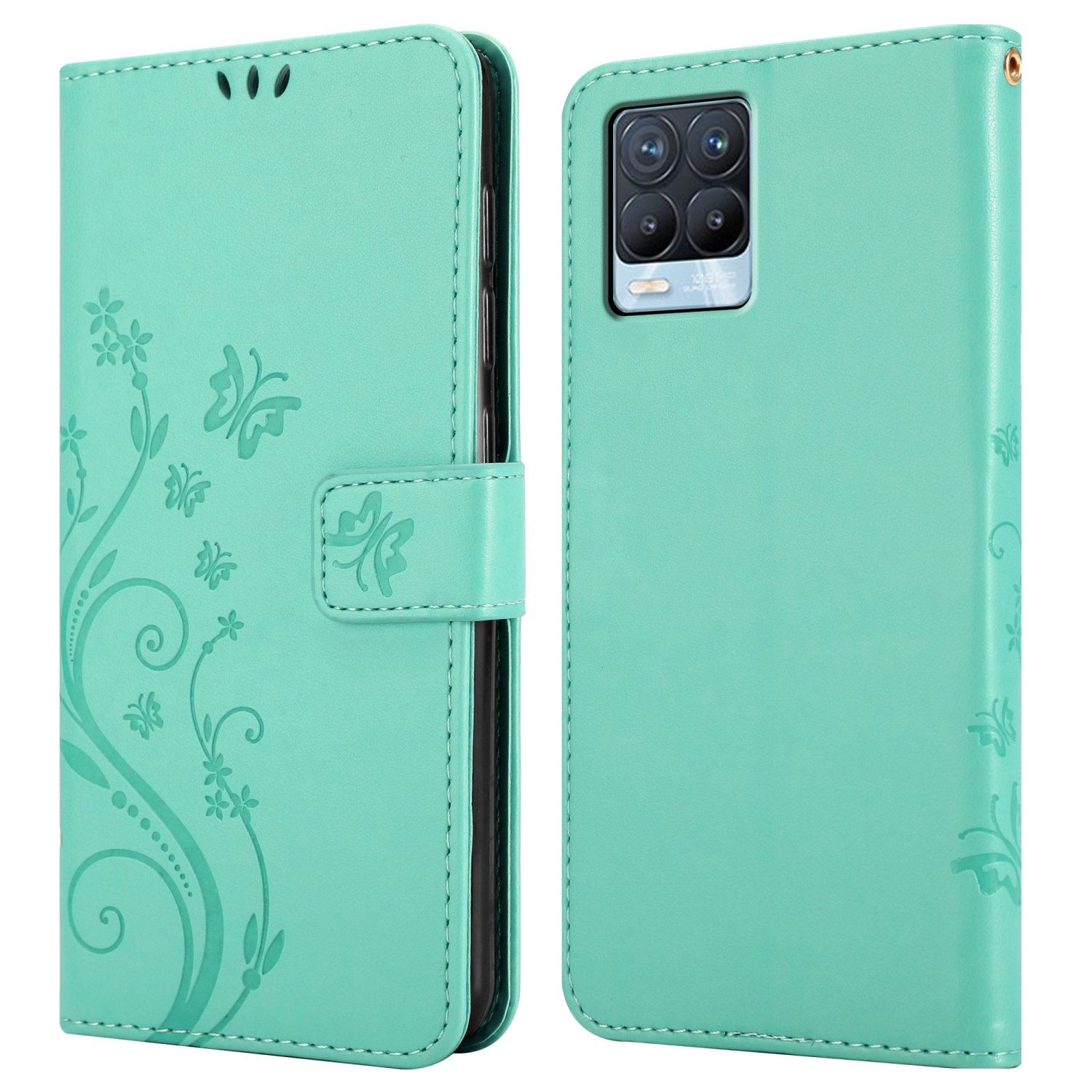 Custodia verde acqua, aperta, con telefono all'interno e design floreale.