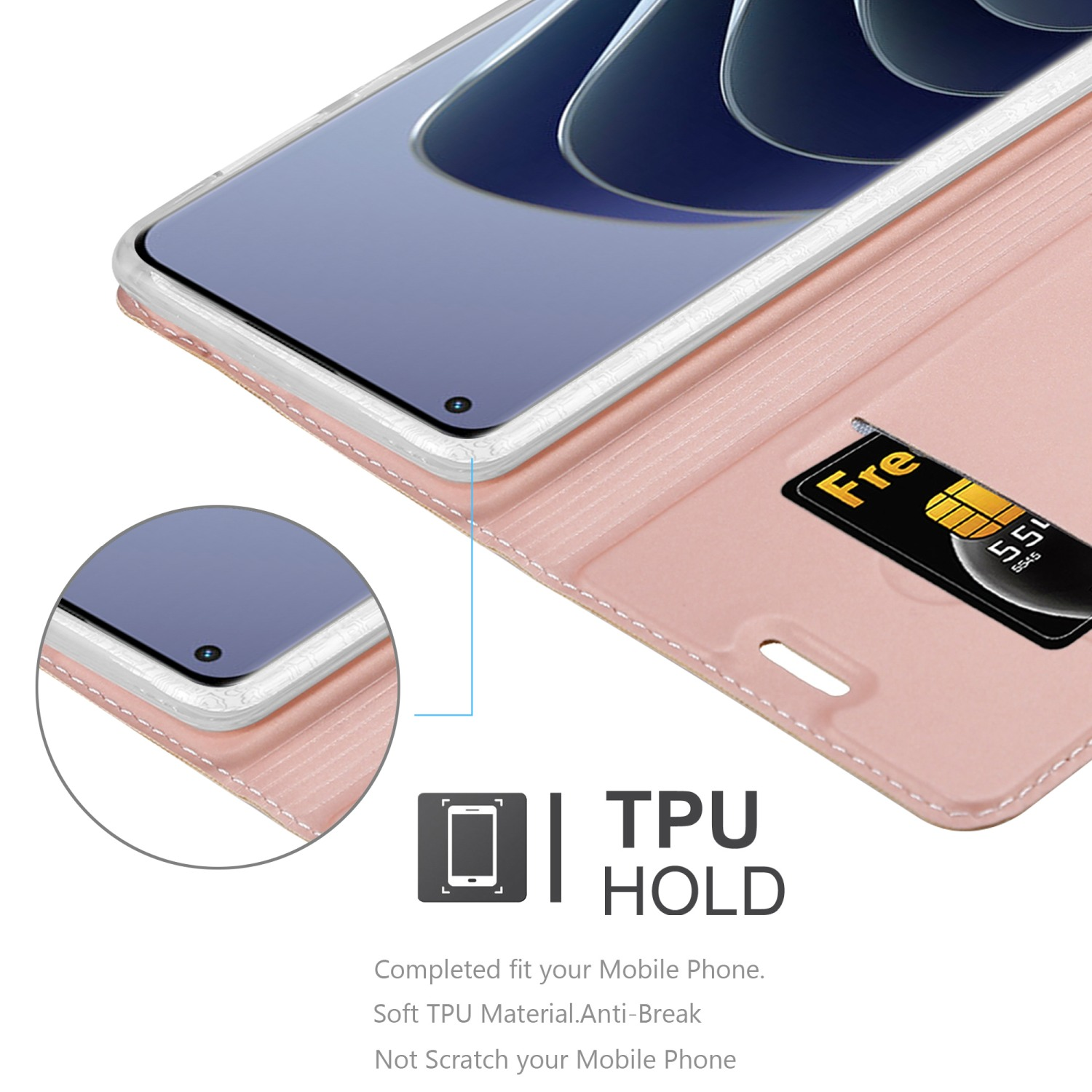 Custodia per telefono rosa aperta, che mostra un telefono e una carta. La custodia ha un design ritagliato e una carta nera.