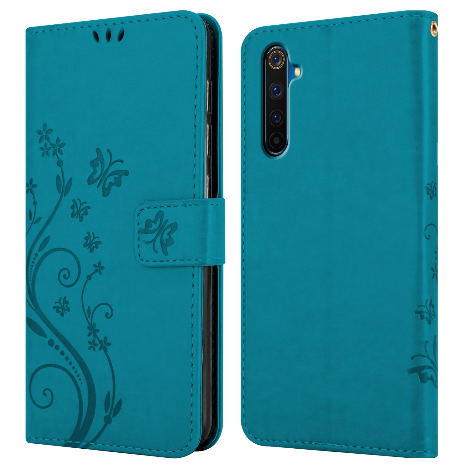 Custodia per telefono turchese, chiusa, con un design a farfalla e floreale. Il design è sul davanti.