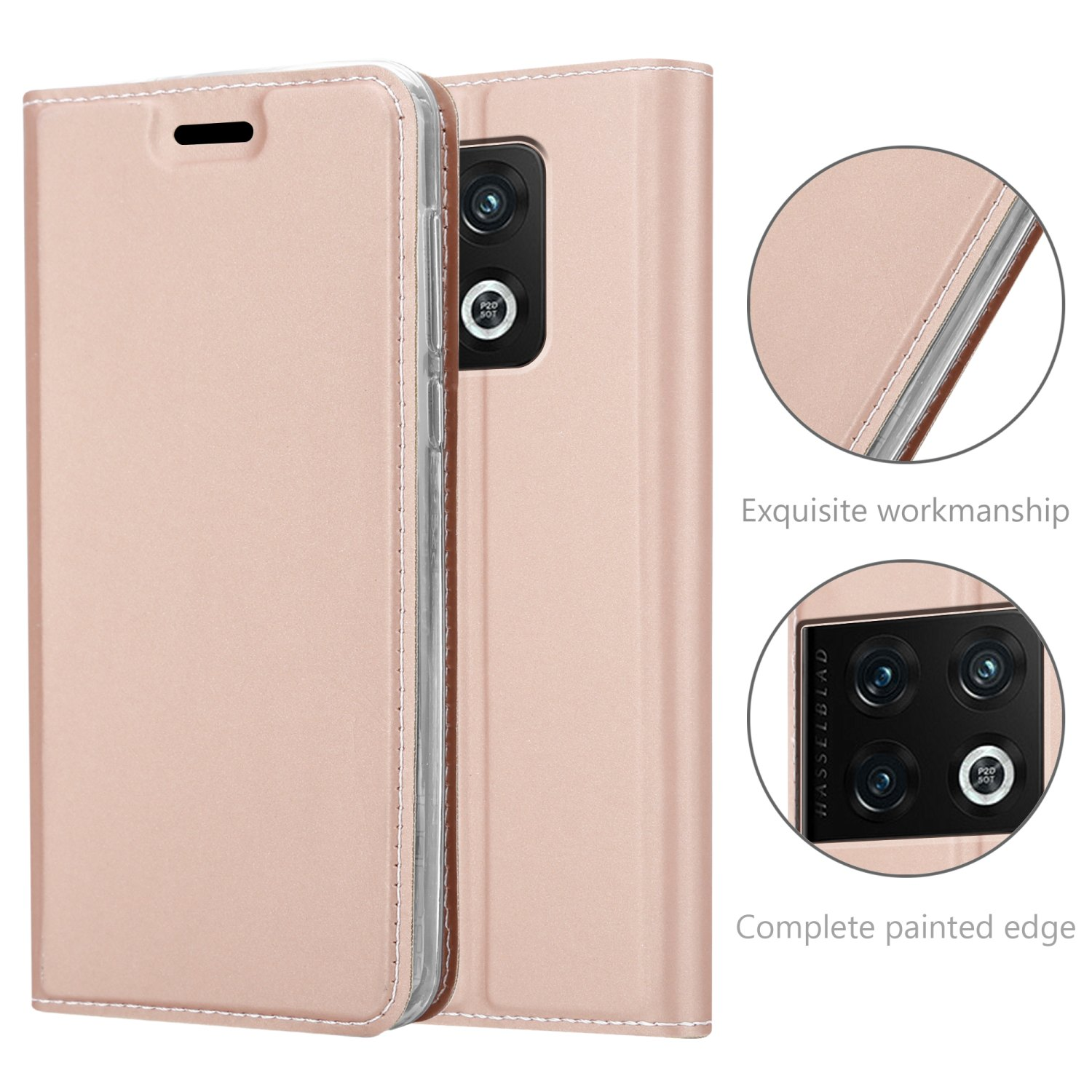 Custodia rosa per telefono, aperta che mostra il telefono. Dettagli di cuciture e fotocamera.
