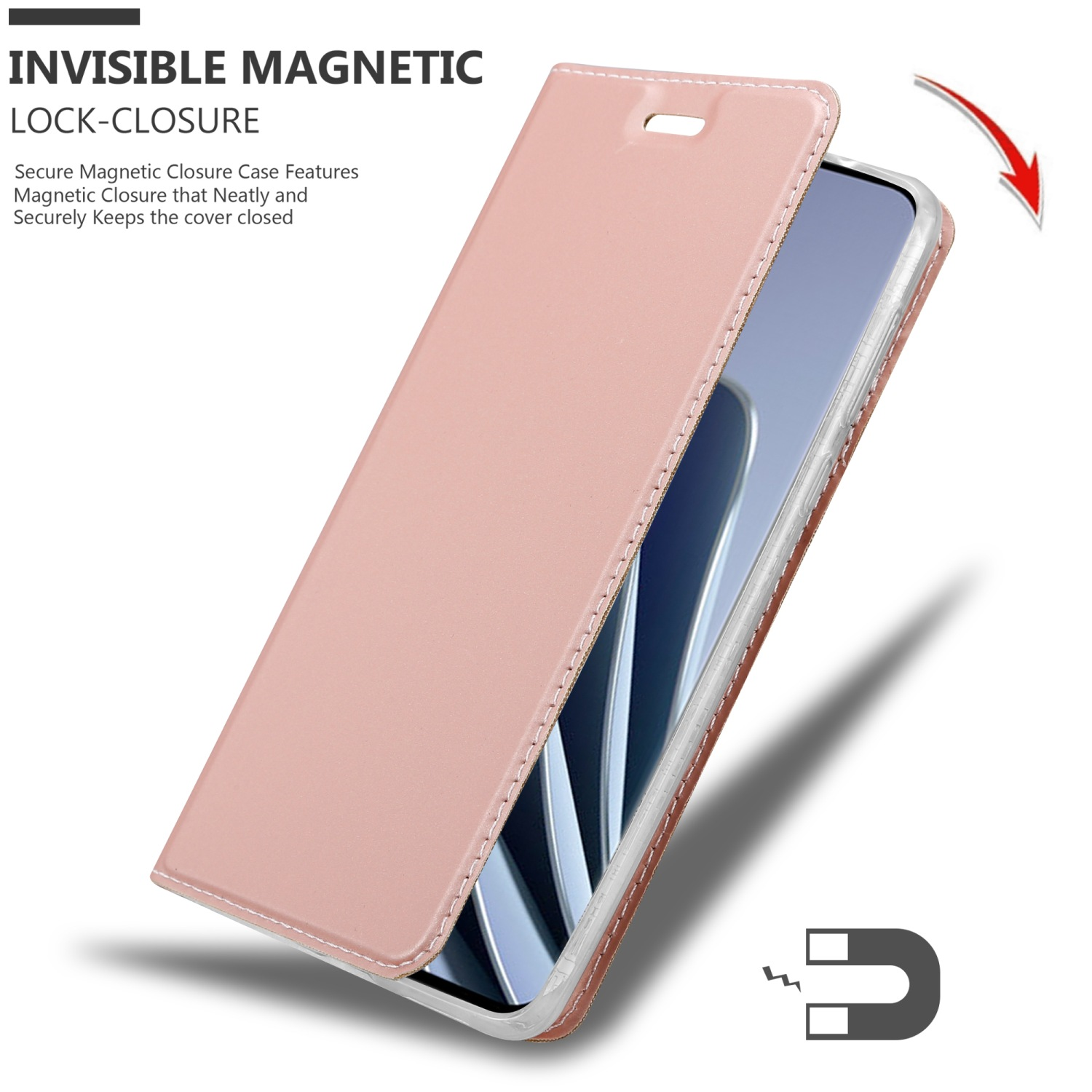 Custodia rosa, aperta, mostra un telefono. Illustrazione magnete. Testo: INVISIBLE MAGNETIC LOCK-CLOSURE.