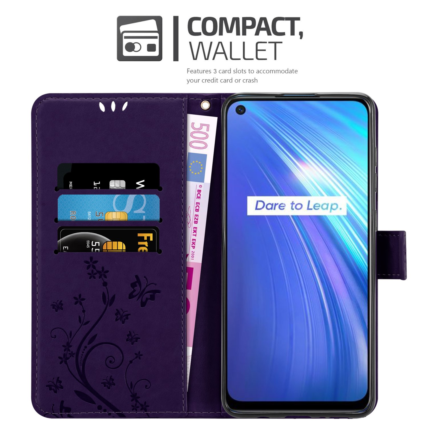 Custodia per telefono viola aperta, con scomparti per carte, denaro e telefono. Il telefono mostra 'Dare to Leap'.