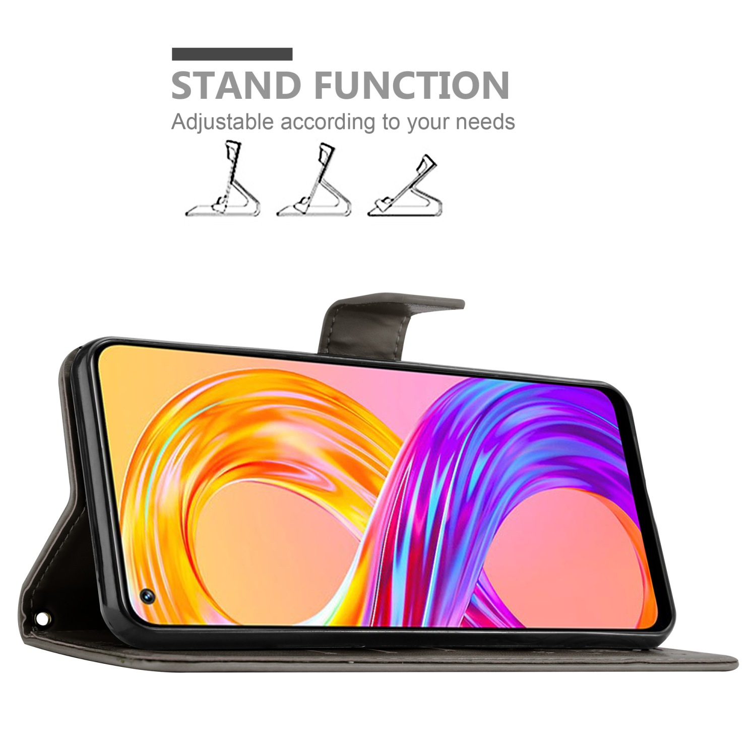 Un telefono in una custodia, con funzione stand. Lo schermo del telefono mostra un motivo colorato.