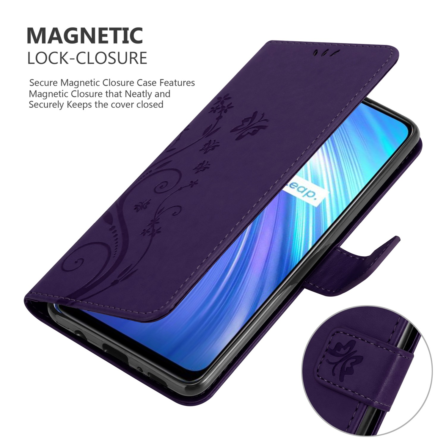 Custodia per telefono viola aperta, mostra telefono e design floreale. Sfondo bianco.