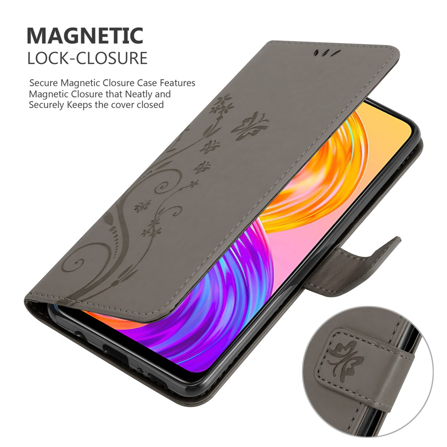 Custodia per telefono grigia con design floreale, aperta. Telefono all'interno e dettaglio della chiusura magnetica sul lato.