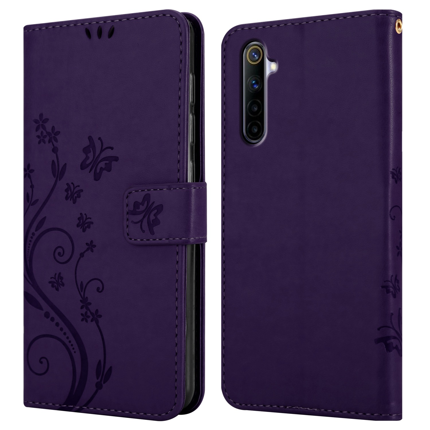 Custodia viola con design floreale aperta, mostra il telefono. Su sfondo bianco.