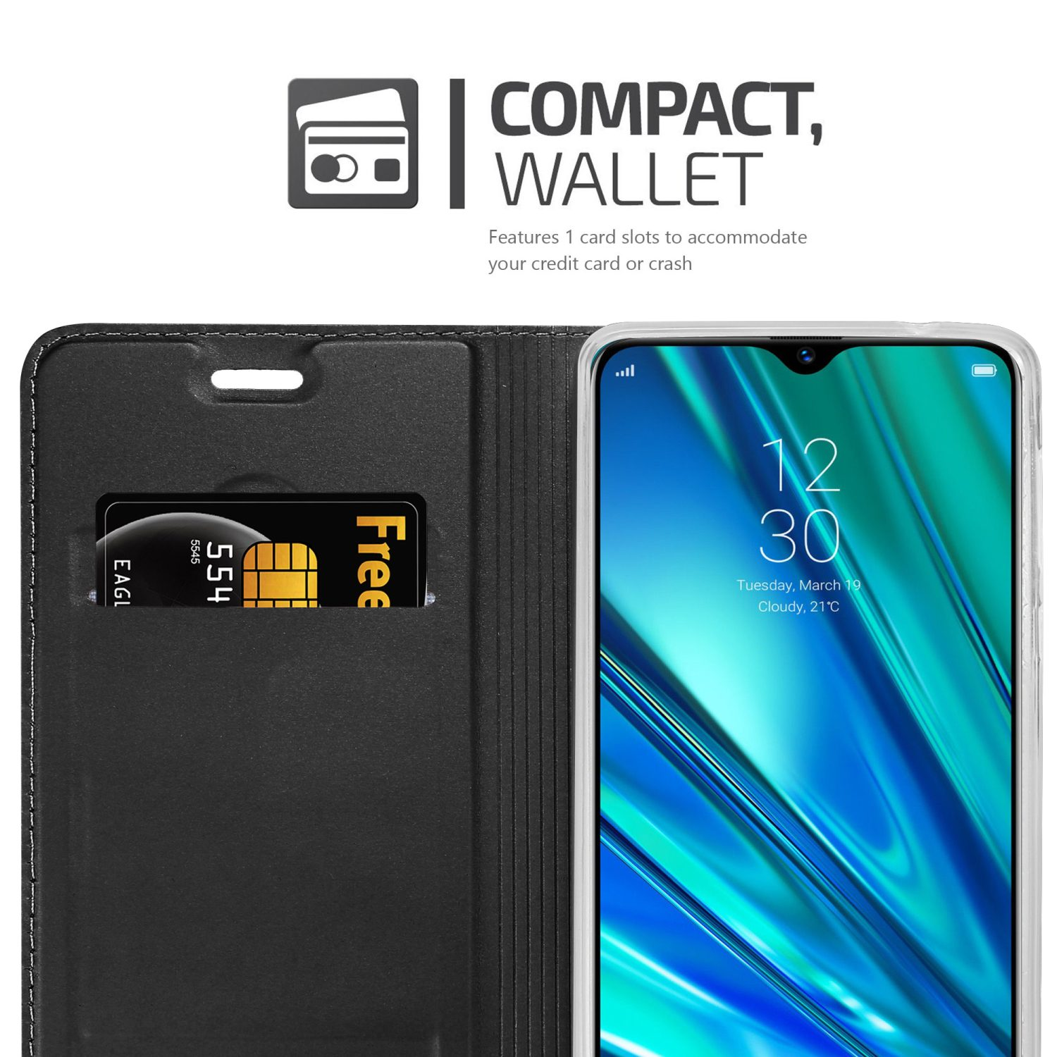 Custodia nera con fessura per carta di credito e smartphone che mostra l'ora. Testo: COMPATTO, PORTAFOGLIO.