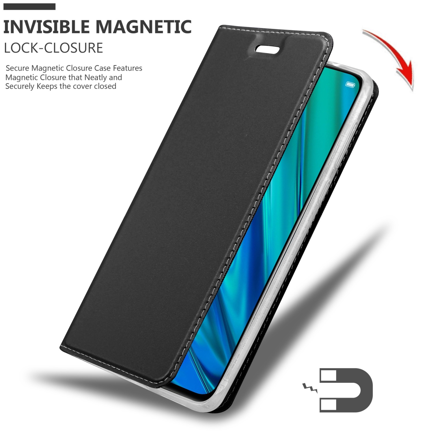 Custodia nera, parzialmente aperta, mostra lo schermo. Chiusura magnetica presente.