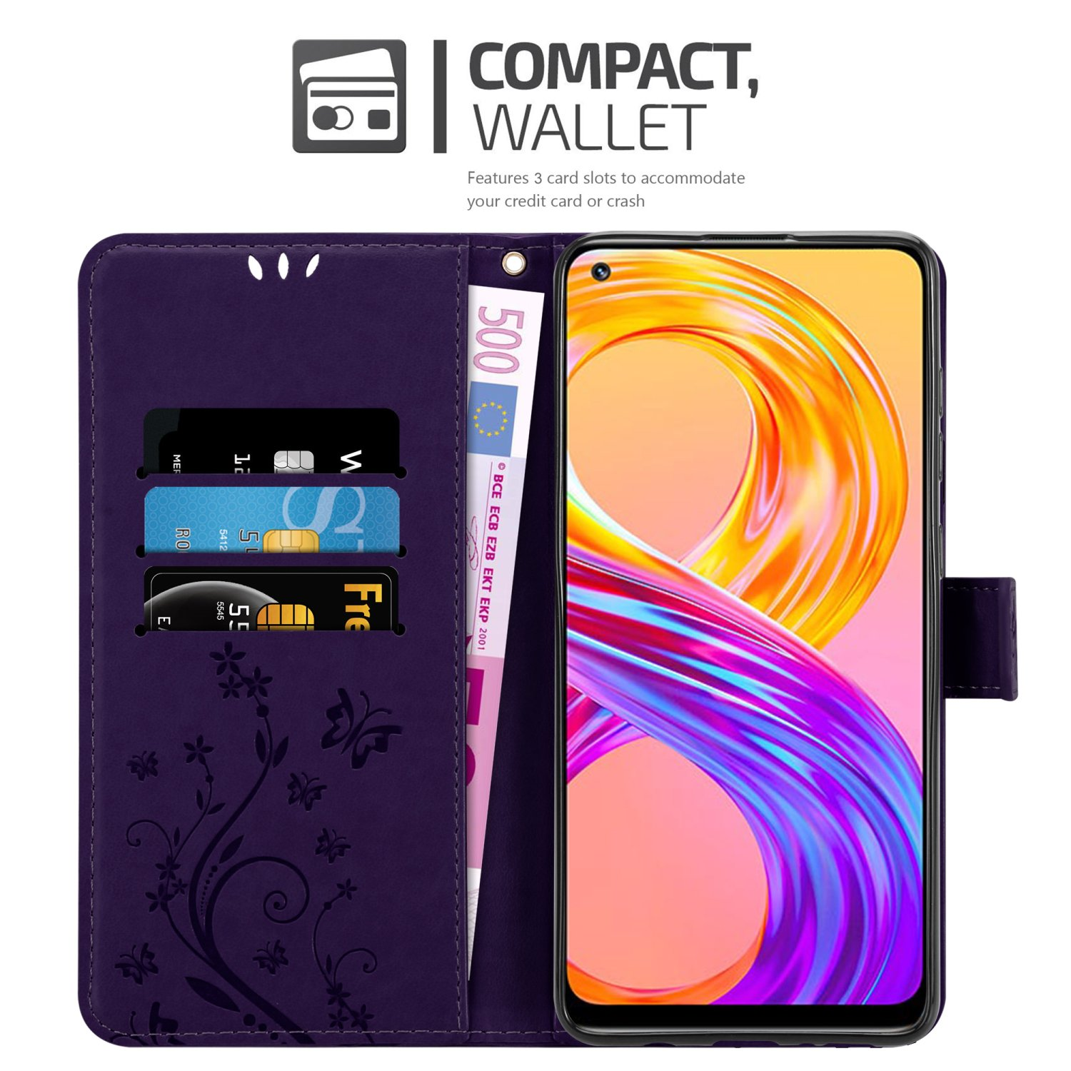 Custodia per telefono viola con scomparti per carte e denaro. La custodia presenta un design a farfalla e ha 3 scomparti per carte.