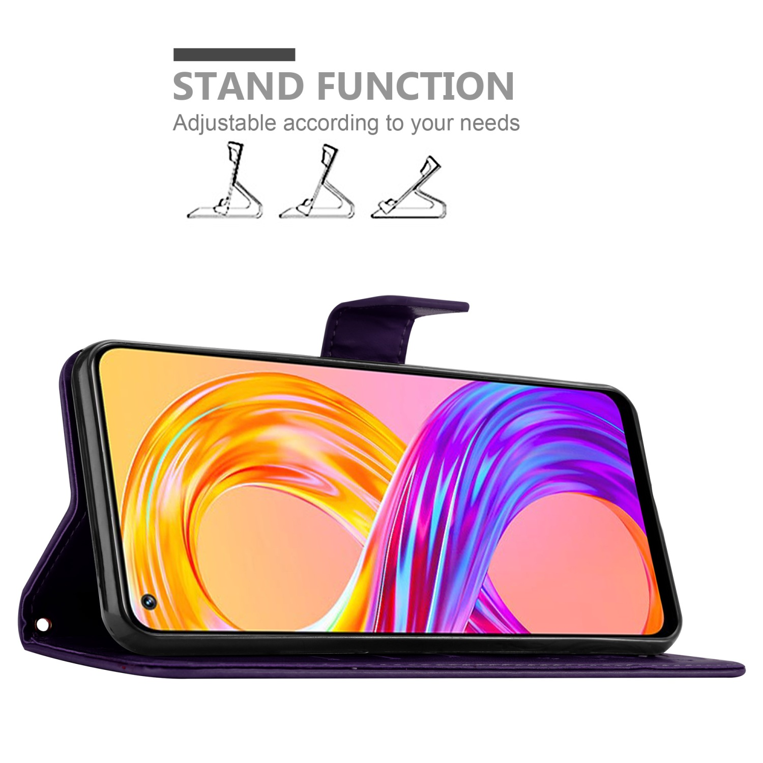 Telefono nella custodia, aperto. Grafico della funzione stand in alto. Sfondo colorato. Custodia viola.