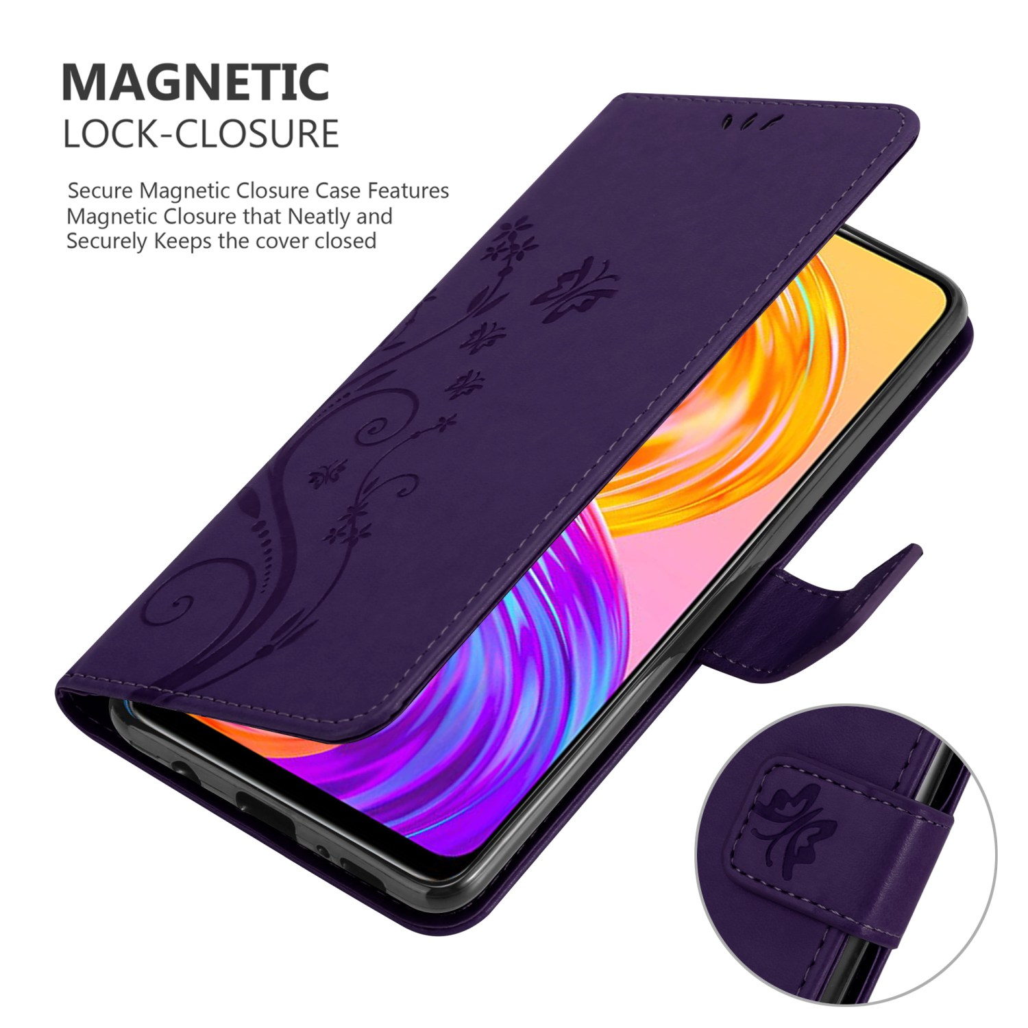 Viene visualizzata una custodia per telefono viola con un telefono aperto.