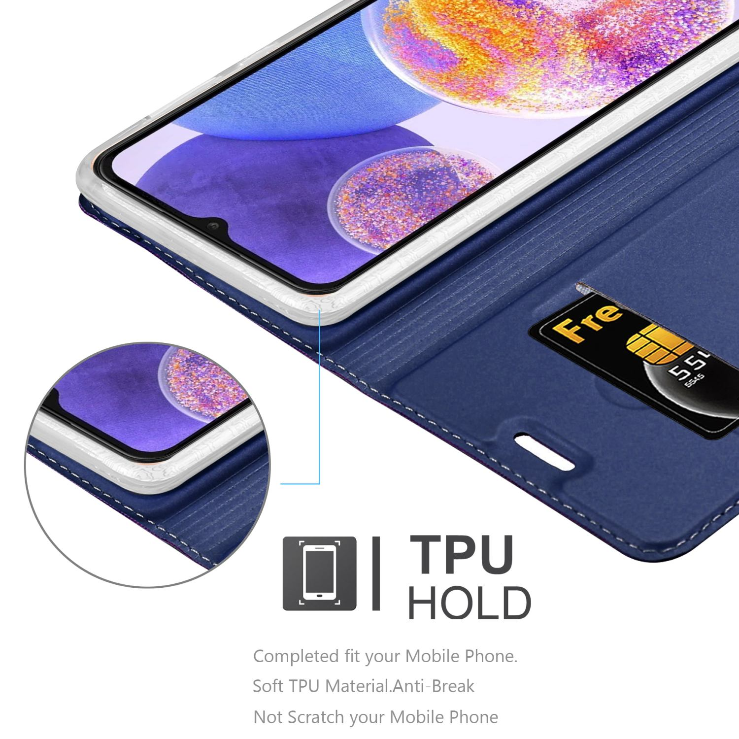 Primo piano di una custodia per telefono con un telefono. La custodia è blu e il telefono ha una carta.