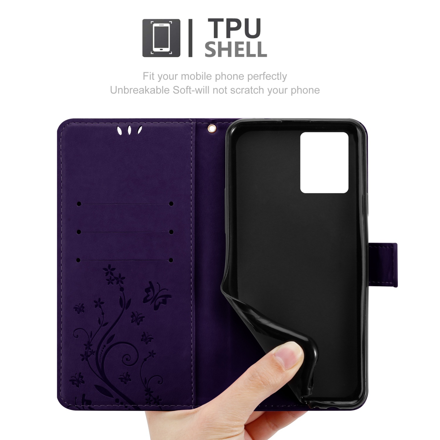 Una mano che tiene un telefono dentro una custodia viola, con un design floreale. La custodia è aperta.