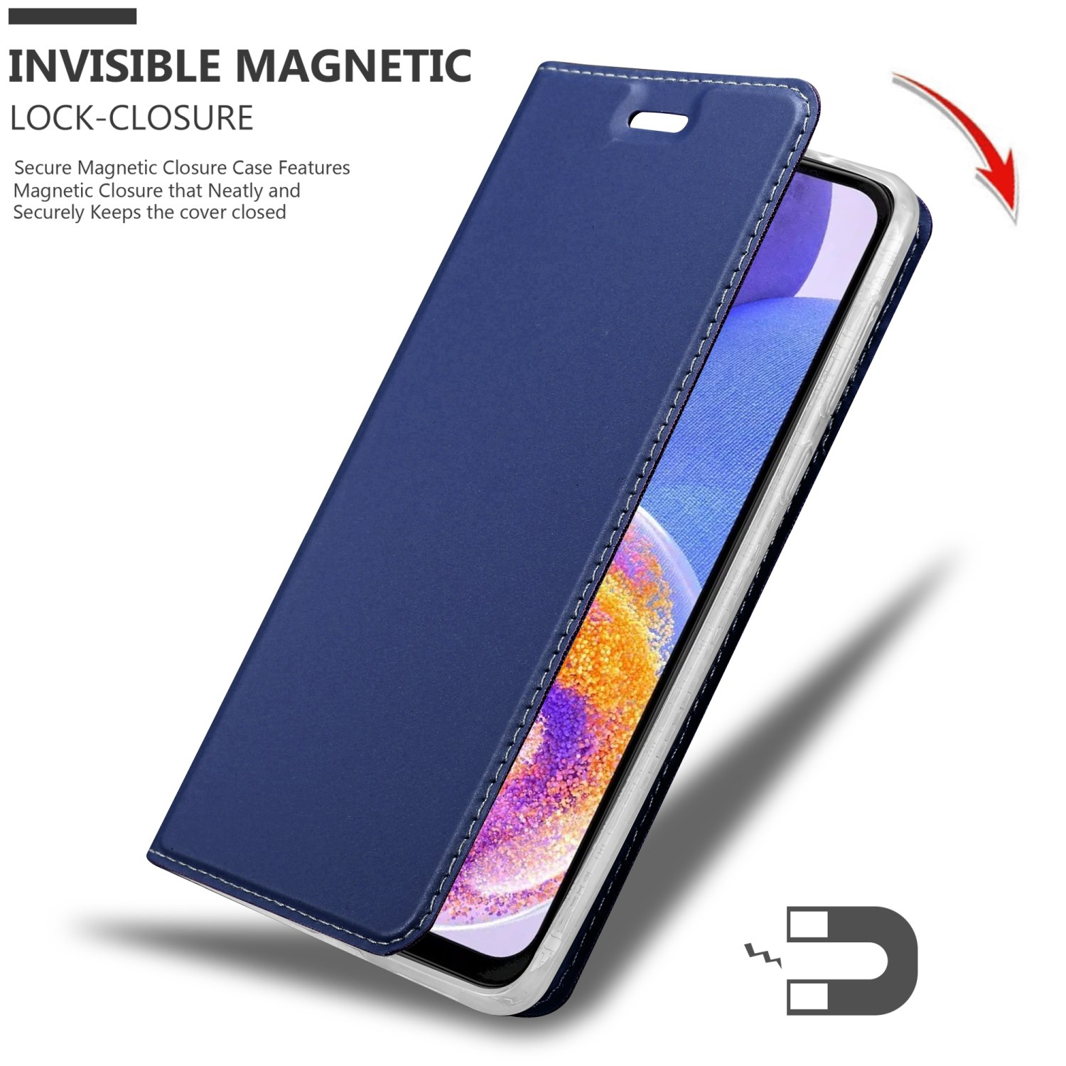 Custodia per telefono blu. La cover è aperta, mostrando il telefono e un'icona a calamita.