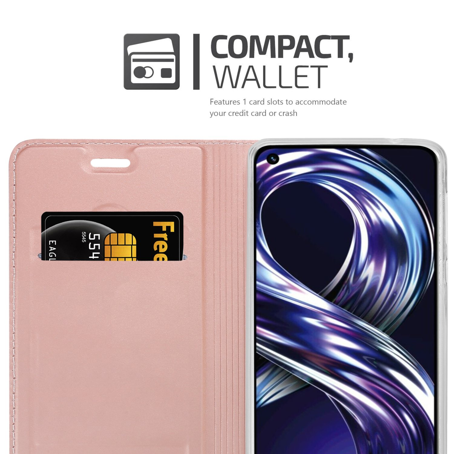 Custodia a portafoglio rosa aperta, carta e telefono visibili. Design compatto con una fessura per carte.