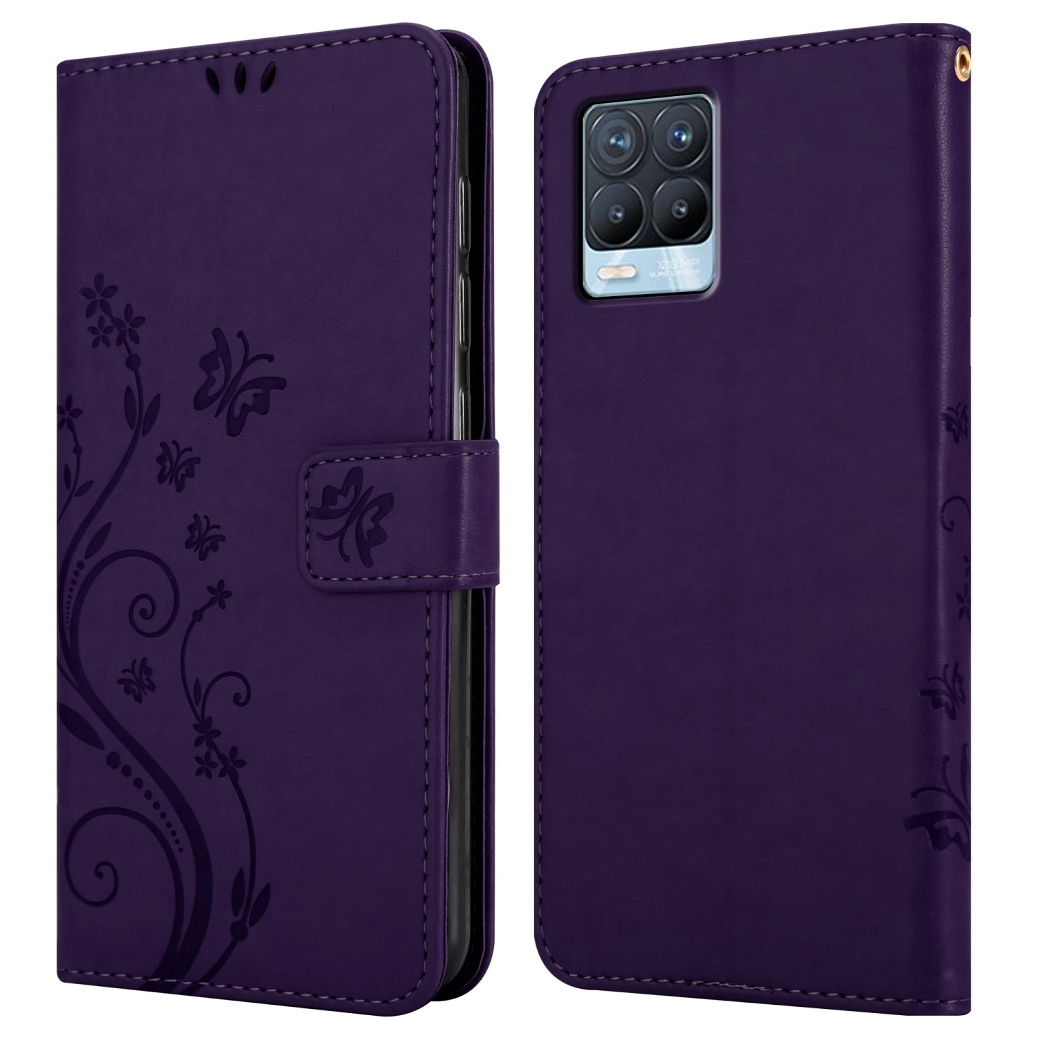 Custodia per telefono viola aperta e chiusa. La custodia aperta mostra un telefono. Design floreale a sinistra.