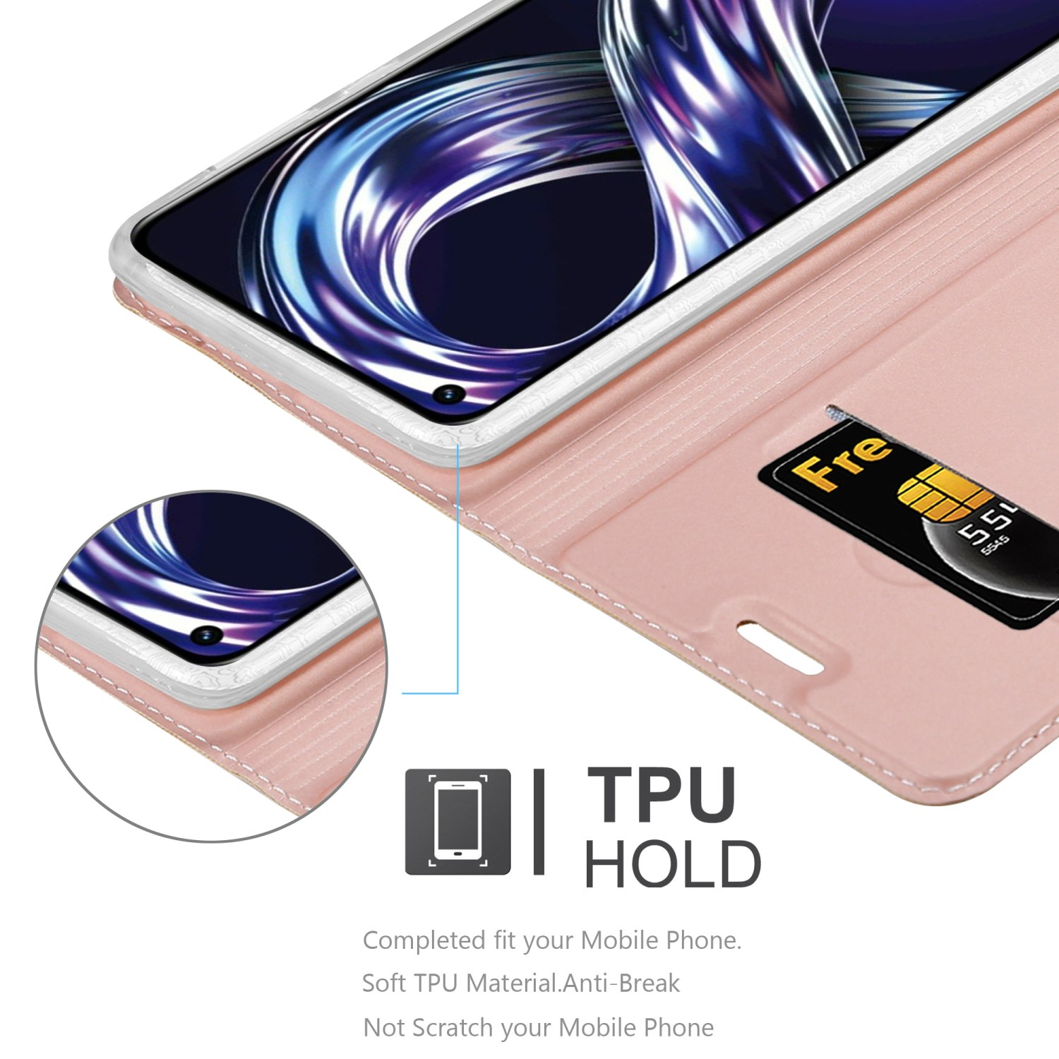 Un portafoglio rosa per custodia del telefono è aperto, mostrando un telefono e una carta.
