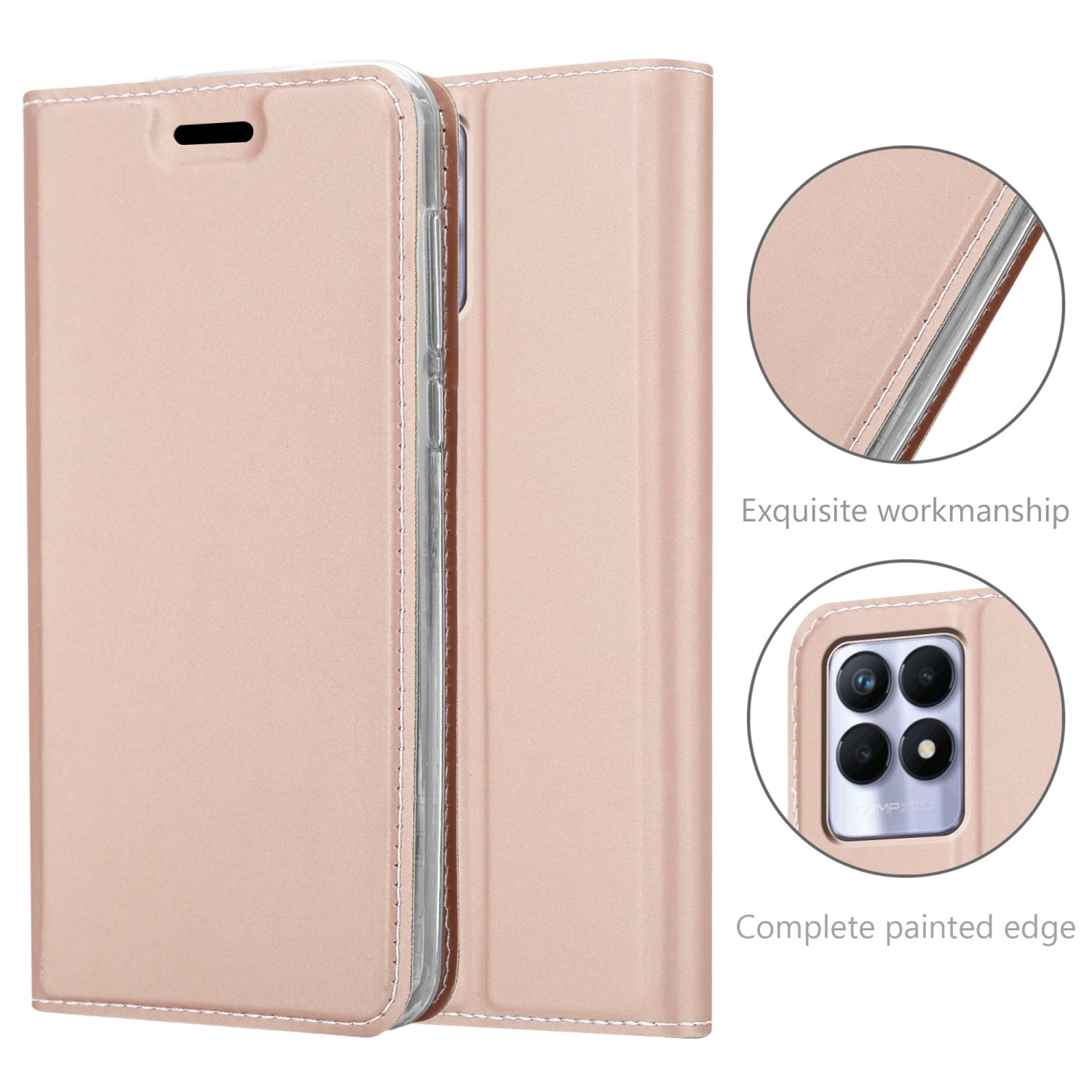 Custodia del telefono rosa aperta. Mostrato davanti e dietro. Esecuzione squisita e bordo verniciato completo.