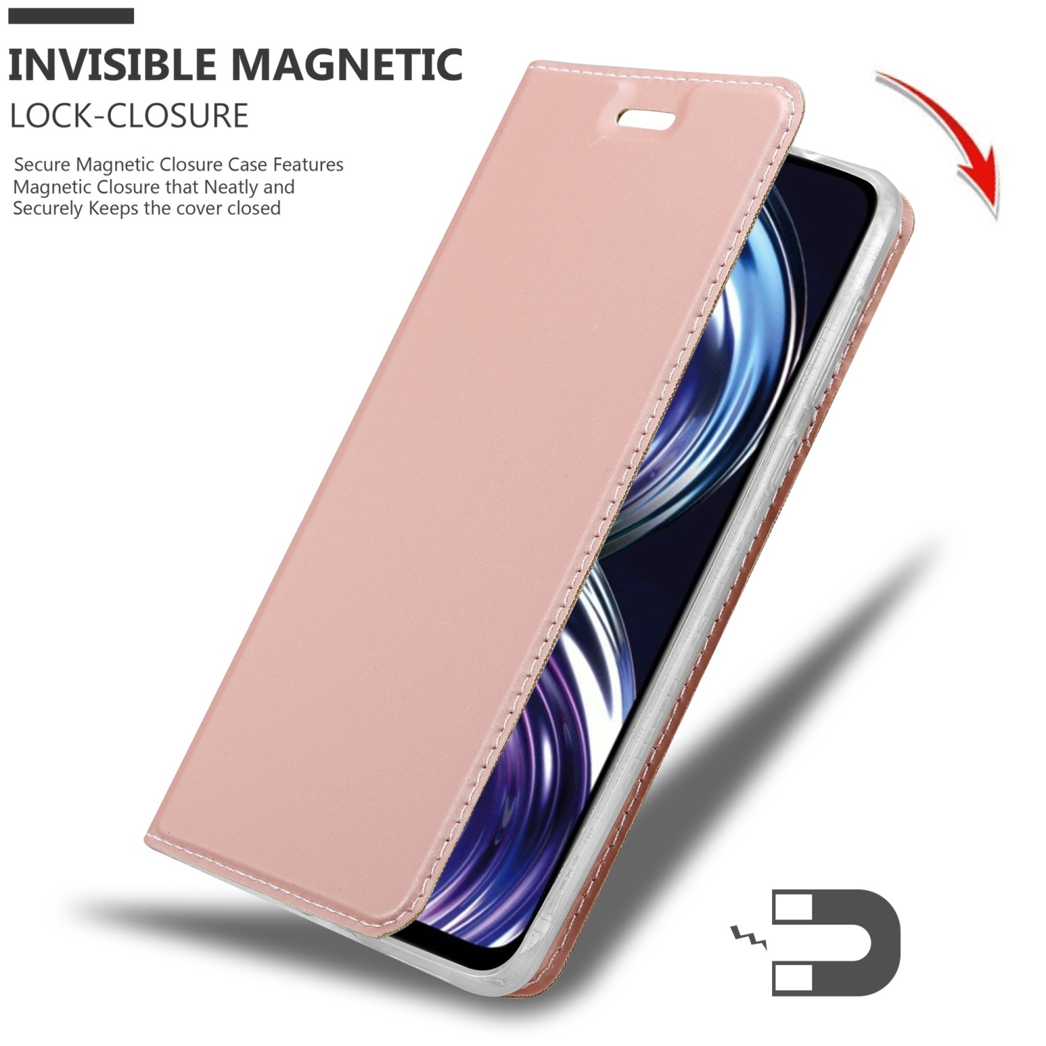 Una custodia rosa per telefono, aperta, con un telefono all'interno, che mostra la chiusura magnetica.